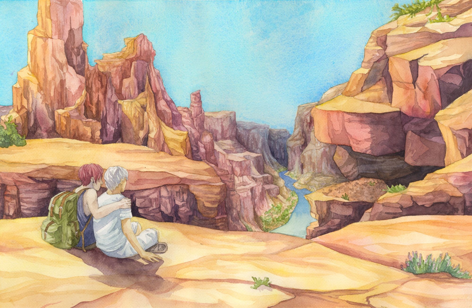 A traditional watercolor painting of a gorgeous warm blue sky day, shining over a majestic golden canyon with a river. Two figures sit on a cliff overlooking it. The one with red hair has his arm around the one with white hair and gold skin, who is dressed in white clothes and seems a bit sickly.