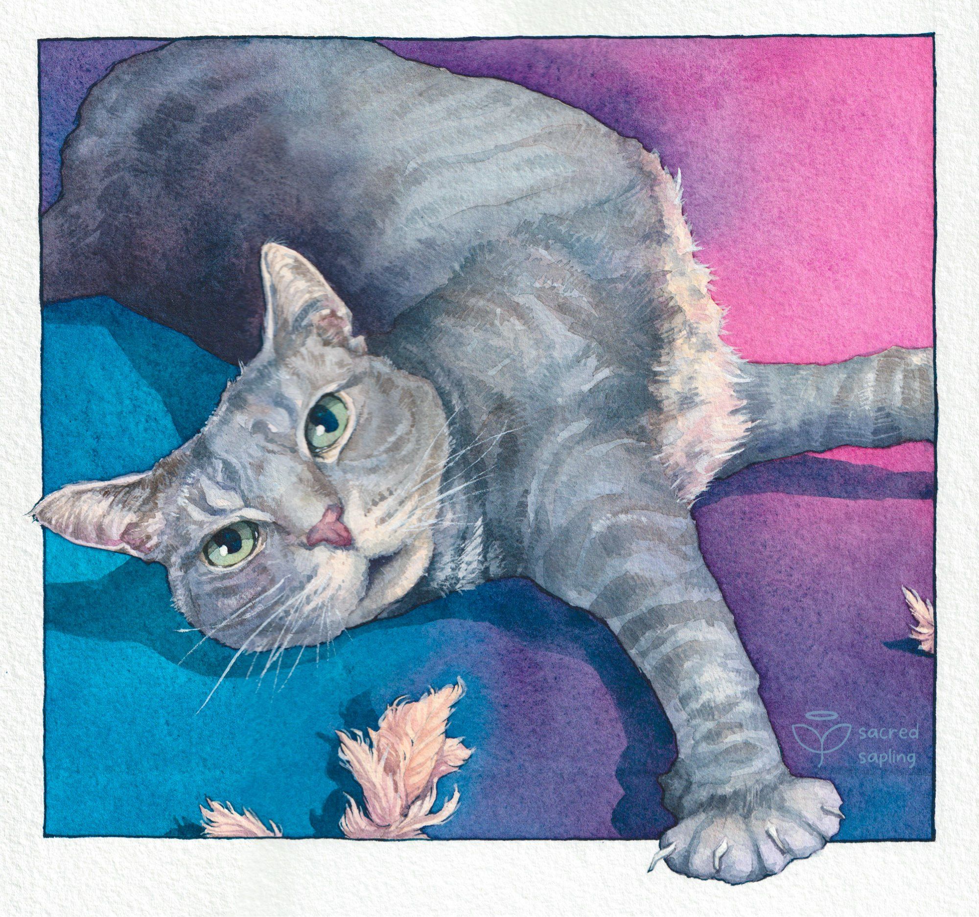 A traditional watercolor painting of a grey kitty, still with some youthful lank, lying in a playful and twisted pose on a pink, purple, and blue ground with some pale feather toys. He has a white belly, a patterned face, and his dubloons (paw) sticks out of the frame, reaching forward, at the bottom.