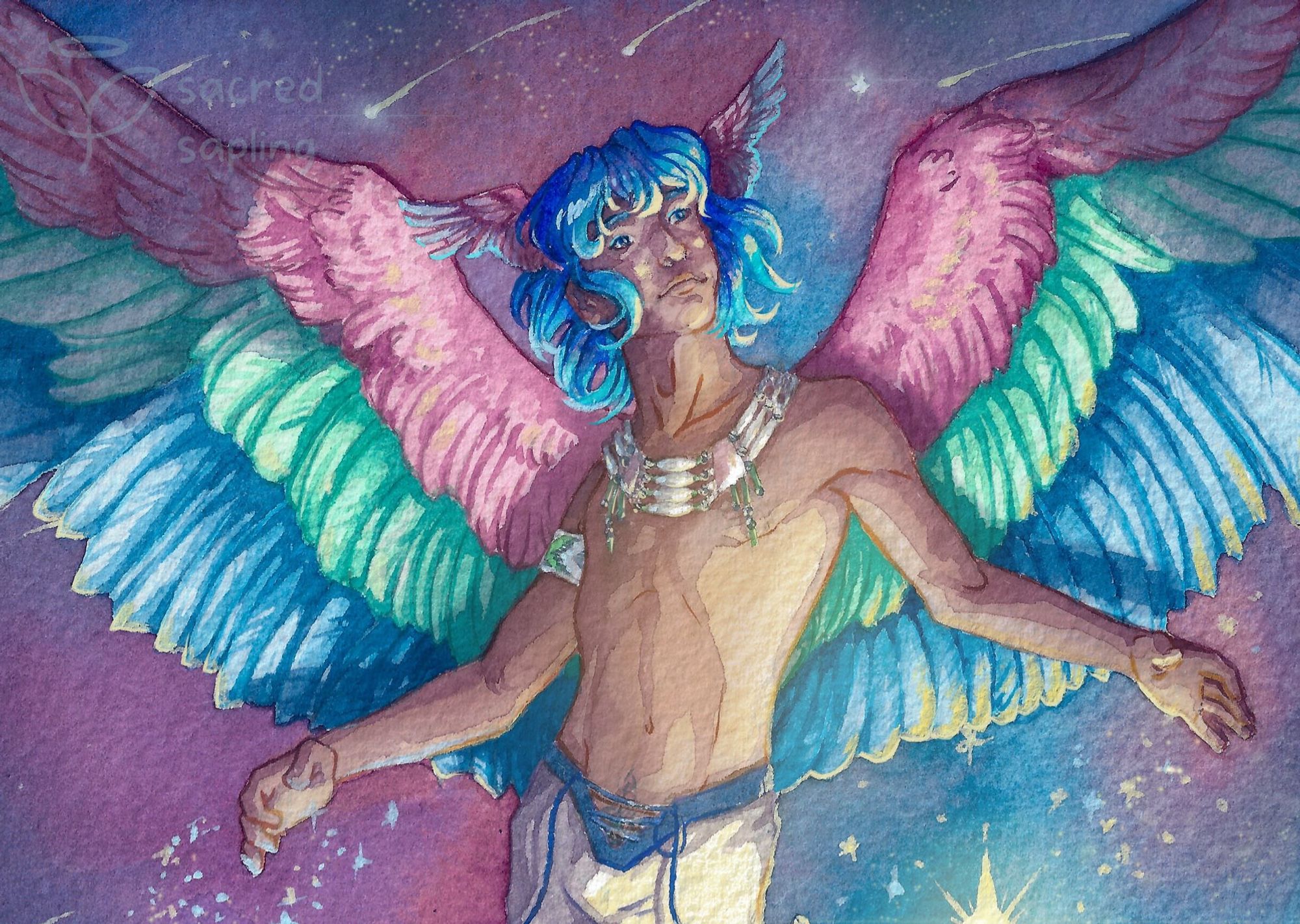 Multicolored wings, with pink, green, and blue, coming from a pale angel with long blue hair and smaller headwings, in watercolor.