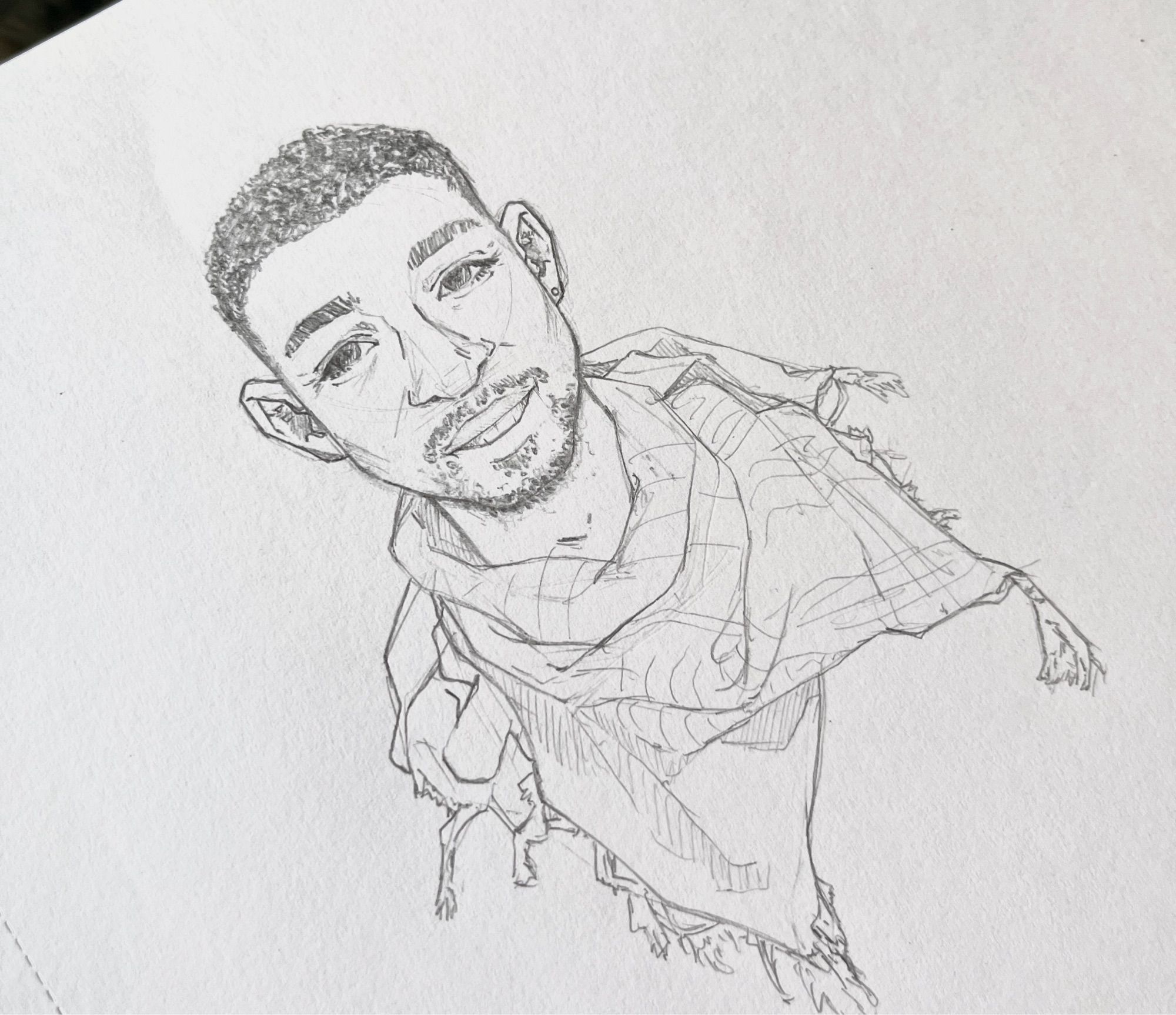 A traditional sketch of Ousmane, an Afro-Arab man in his early fourties, with a friendly smile, crinkly eyes, short hair, and small beard. He has big ears and is wearing a keffiyeh.