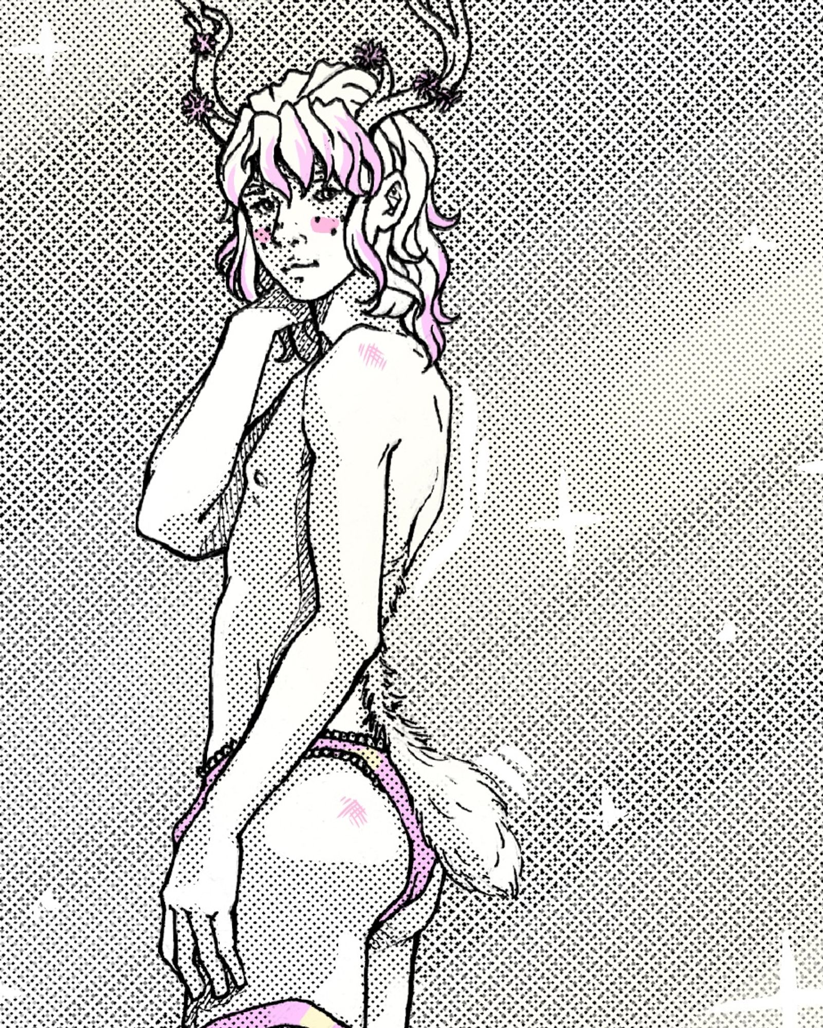 An ink drawing of Kokabiel as a skinny fawn boy. He has shoulder-length pink and white hair, with two delicate antlers adorned with flowers. A small fluffy tail sits above a cute pair of pink underwear and he’s posed with a slightly demure, but alluring standing pose.