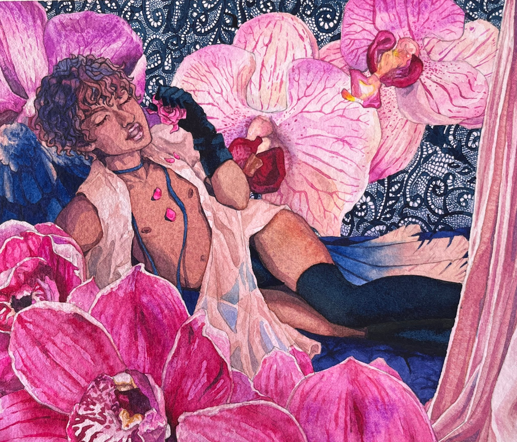 An intricate watercolor painting of a reclining masculine figure with dark wings in barely any clothing, except stockings, underwear, and a translucently painted silky pink shawl. He has medium brown skin, curly brown hair, and is crushing a rose onto his chest with a lifted and gloved hand. Giant pink orchids, painted with lovely realism, surround him. Some pink fabric falls to the right side, and detailed hand painted blue lace fills the background. 