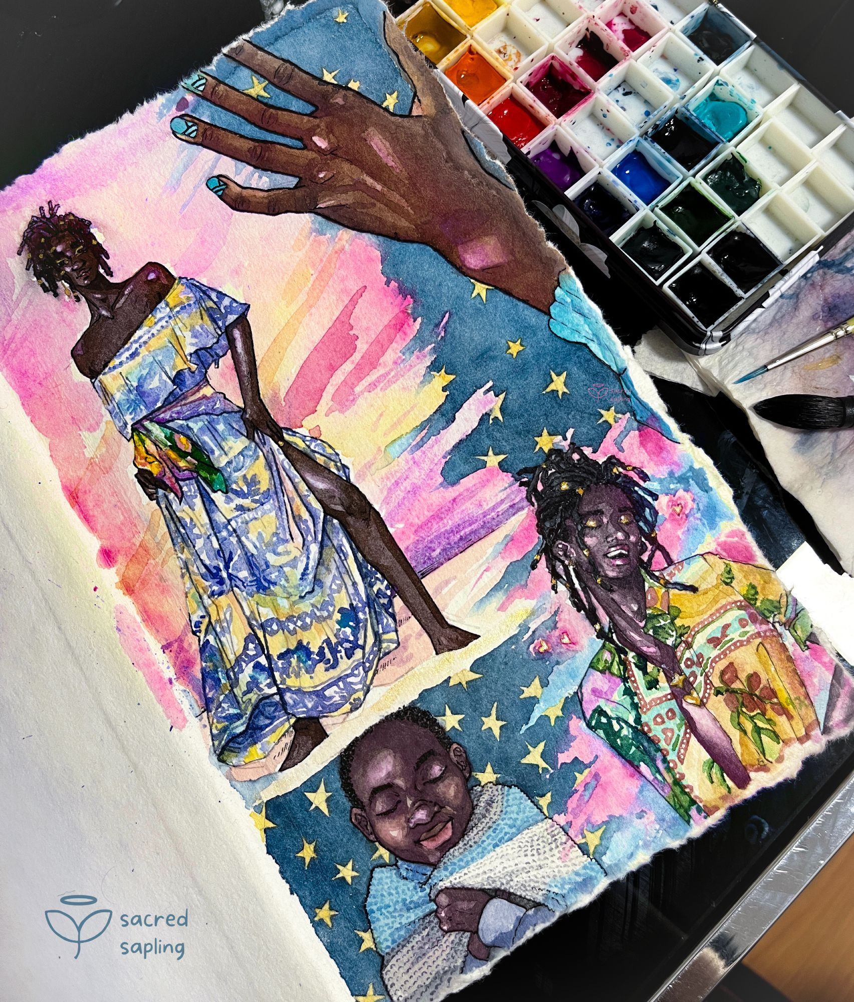 An open page of a watercolor sketchbook with torn edges, featuring four illustrations of Nzuzi all blending together and overlapping so the whole page is covered. Nzuzi is a young Congolese man with a lanky body and, as an adult, with long dreads tied back in a ponytail with some loose, usually wearing gold hair jewelry. In the top left, he's wearing a colorful flowy blue and yellow dress with a sunset background. On the top right is a close up of his hand, with painted turquoise nails an oddly curved pinky finger, as he has clinodactyly. At the bottom right is a half body of him as an adult, with a love close eyed smile with an open yellow and green patterned shirt. He has a few hearts and splotches of pink around him, blending with the sunset on the other corner of the page. The final picture on the bottom left is of him as a twelve year old kid with short curly hair, holding a knit blue and white and grey blanket around his shoulders; dark blue and yellow star background behind.