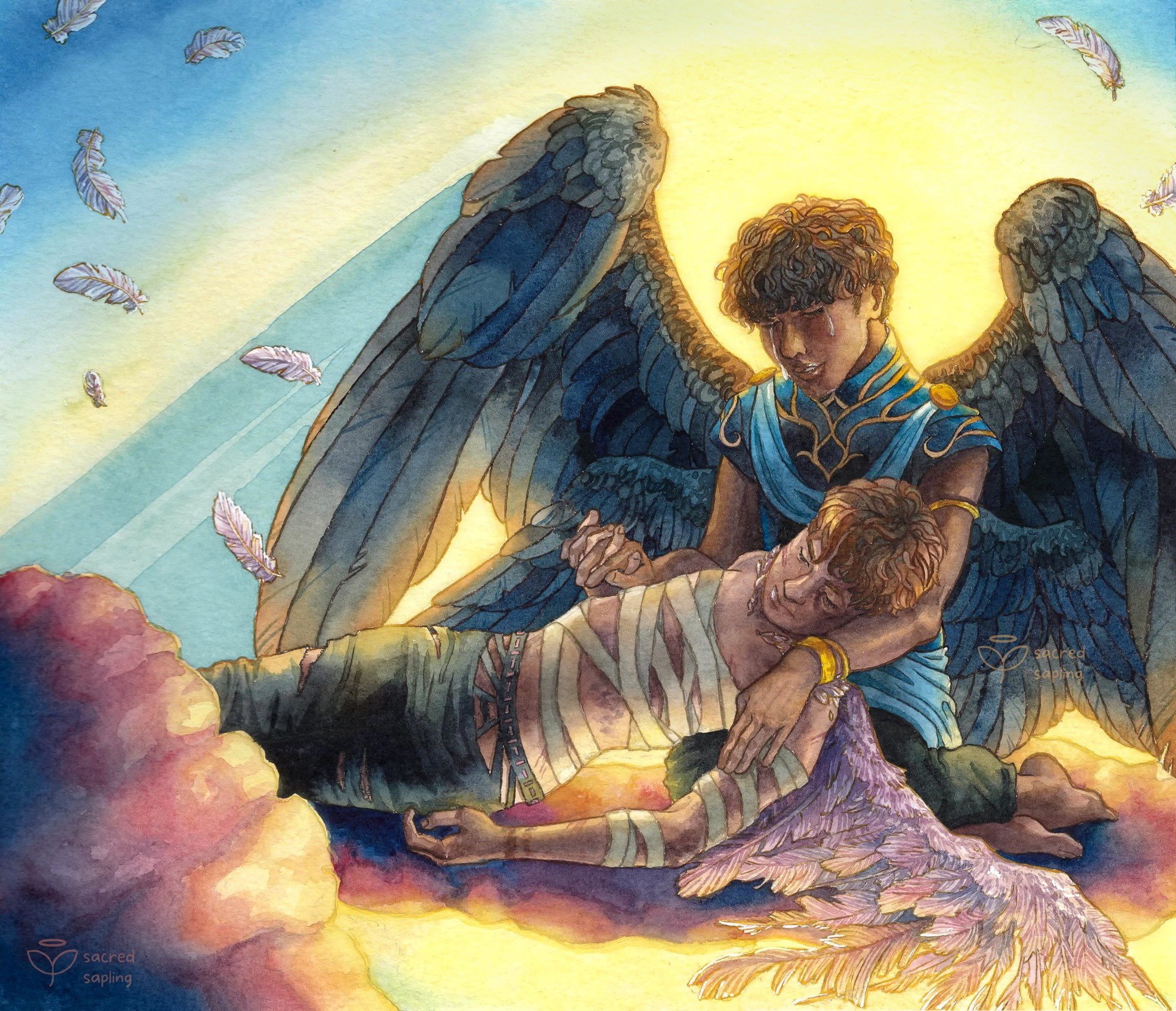 A detailed watercolor painting of a dark-winged angel with brown skin and hair holding his injured lover on his lap. The injured angel has brown skin and hair, with damaged lavender wings and chest bandages. They rest together in the clouds, stained purple and yellow from a sunlight glow behind them.