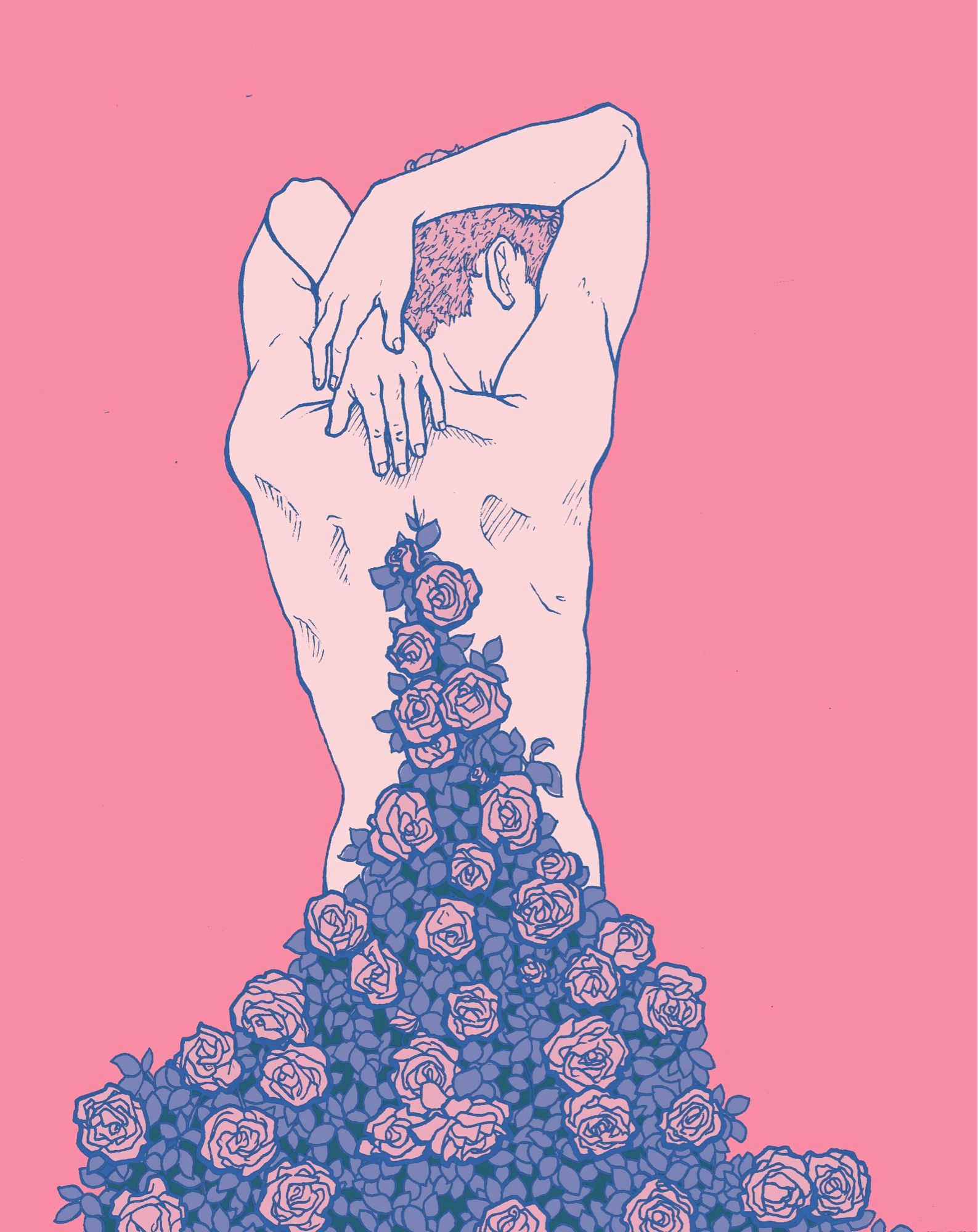 A digital drawing of a light skinned person with their hands over their head, reaching down their back. Only their torso from the back is visible, and there are roses and leaves pouring out from the center if they’re spine and reaching to the bottom of the composition. The linework is in blue, and the colors are pink and purple.