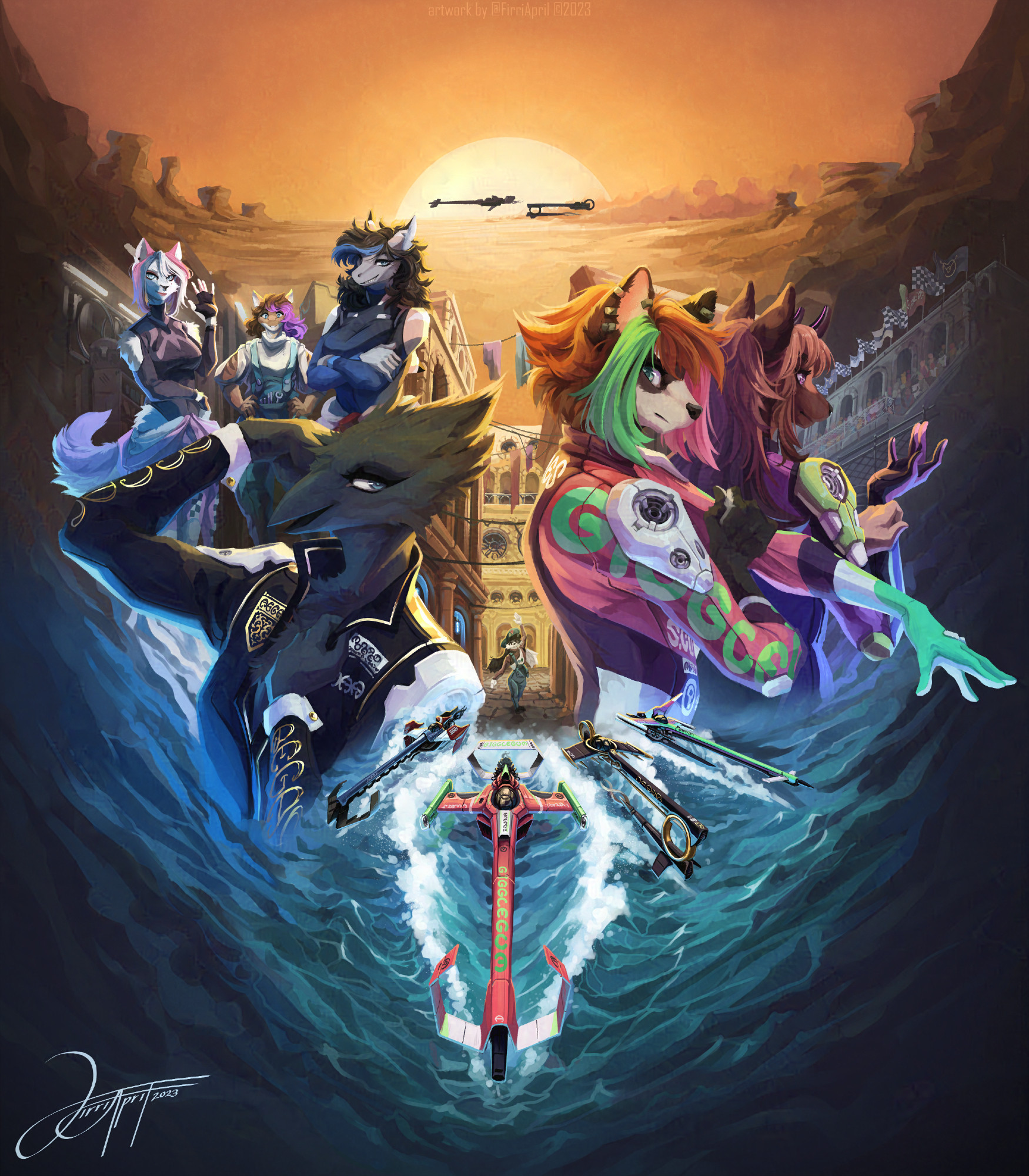 Large poster illustration featuring multiple characters and futuristic racing ships over an ocean and desert town background