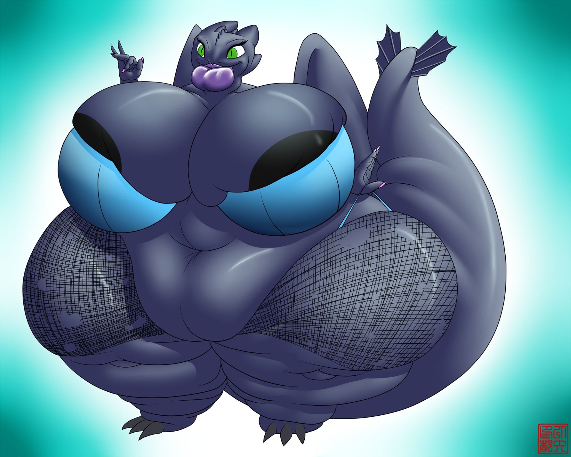 a fat anthro female night fury dragon with a fat bottom lip wearing tearing fishnets and an overflowing bra with areolae slip. She is waving to the viewer and tugging on her thong.