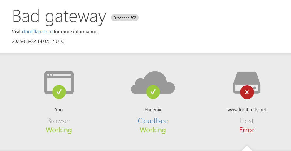 A screenshot showing that Fur Affinity has a bad gateway error (code 502).