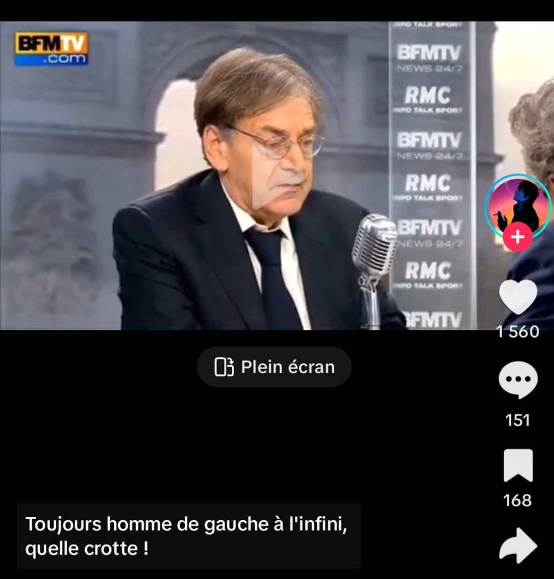 screen tik tok avec Allain Finklekraut et en sous titres "toujours homme de gauche à l'infini quelle crotte !"