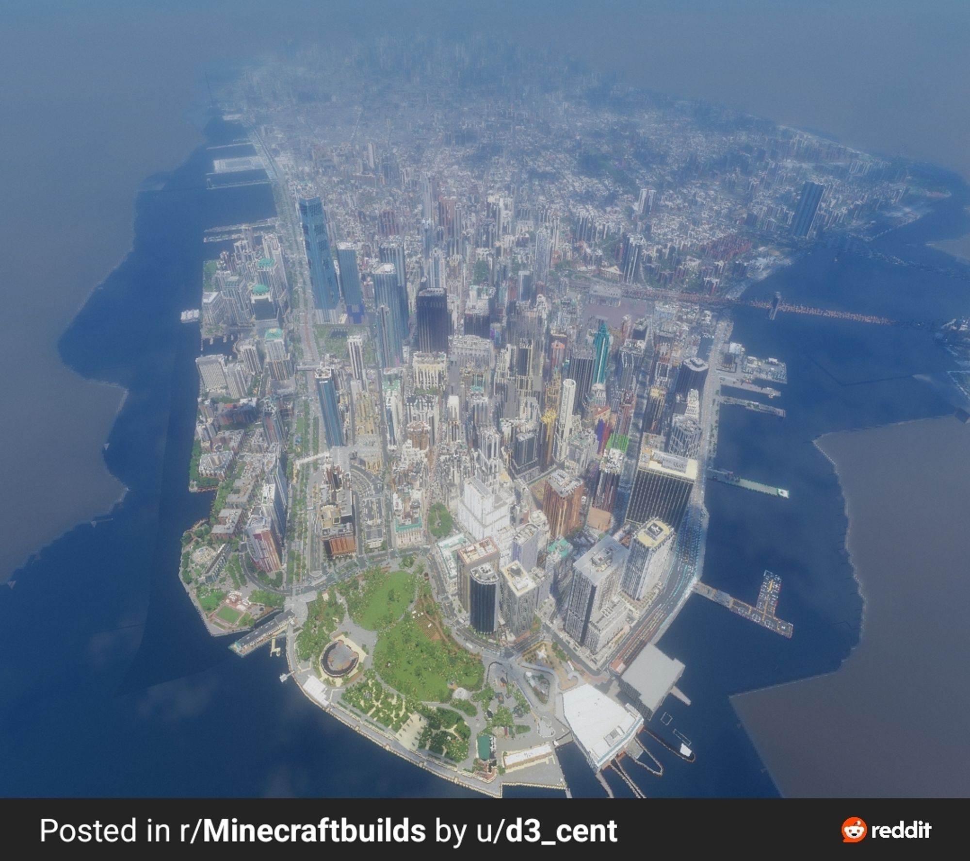 Picture of a minecraft recreated southern Manhattan attributed to r/Minecraftbuilds and u/d3_cent with the Brooklyn Bridge visible.