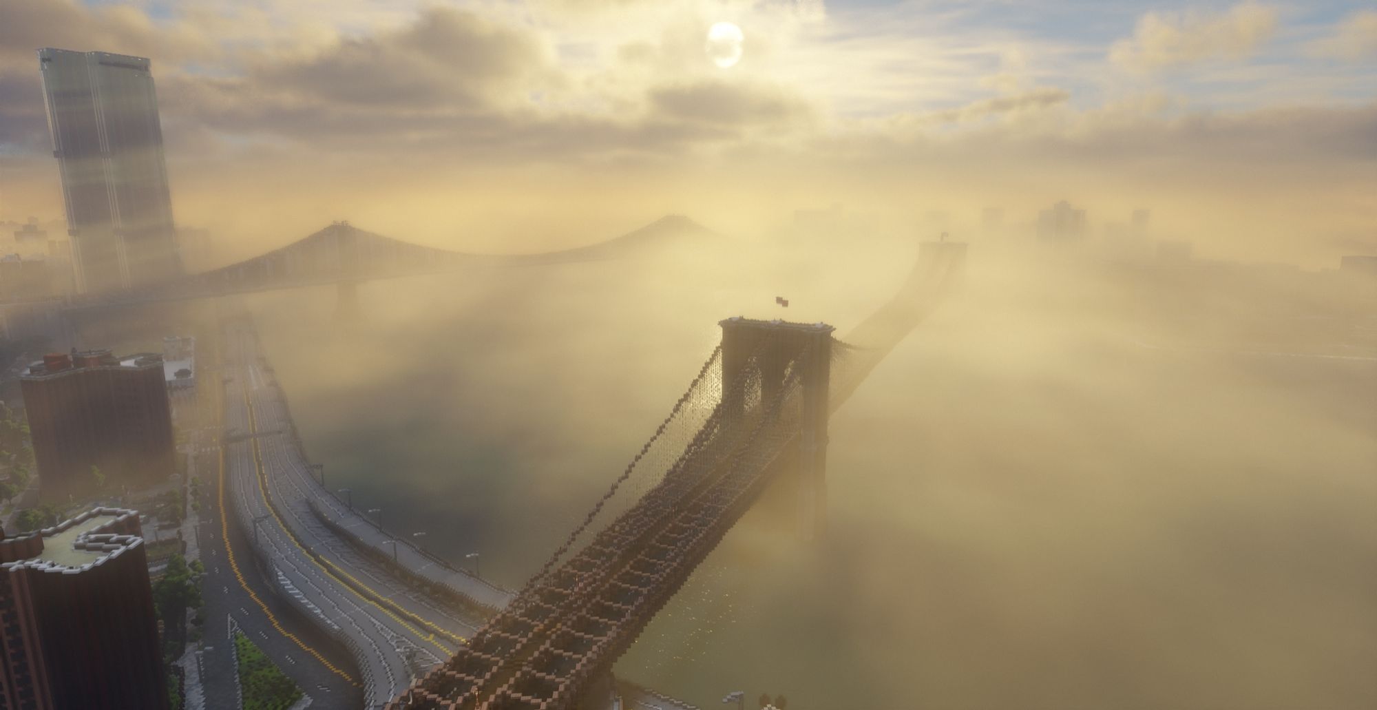 Close-up of the Minecraft recreated Brooklyn bridge.