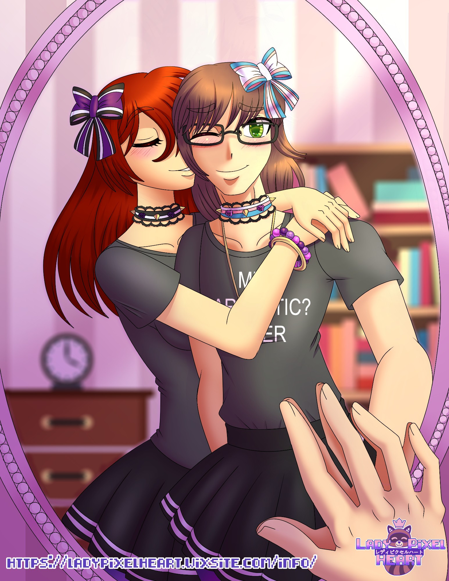 A redhead teenage girl and brunette boy wearing similar outfits, black skirts with white stripes and a t-shirt that says "Me? Sarcastic? Never." The boy has a bow and choker with the trans colours, where the girl has black, white, and purple on her accessories. The boy has a slight smile on his face as he realizes that dressed like this with his girlfriend makes him happy as he looks in the mirror.