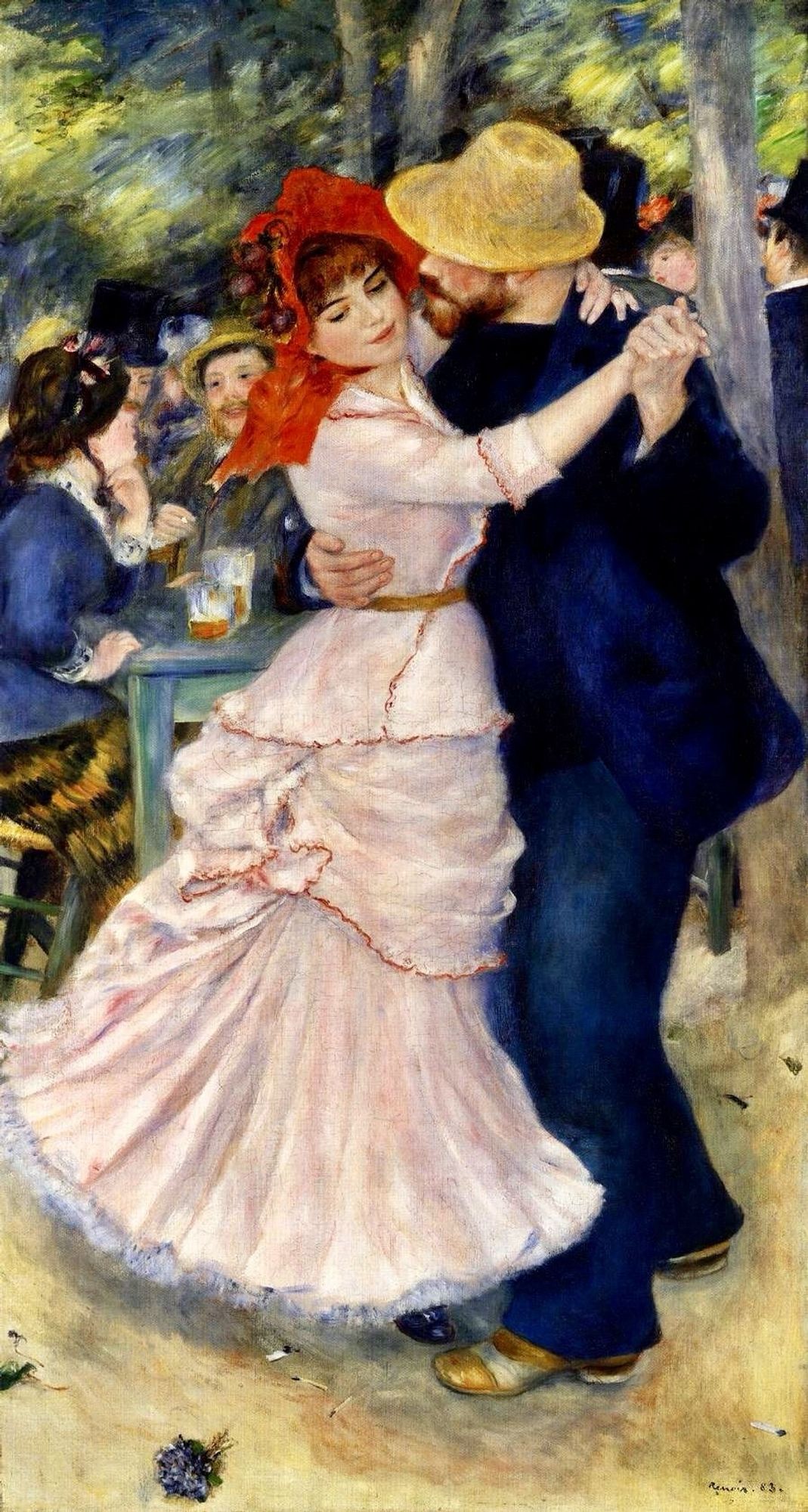 A painting of a woman in a white dress looking very bored dancing with a man in a blue suit.