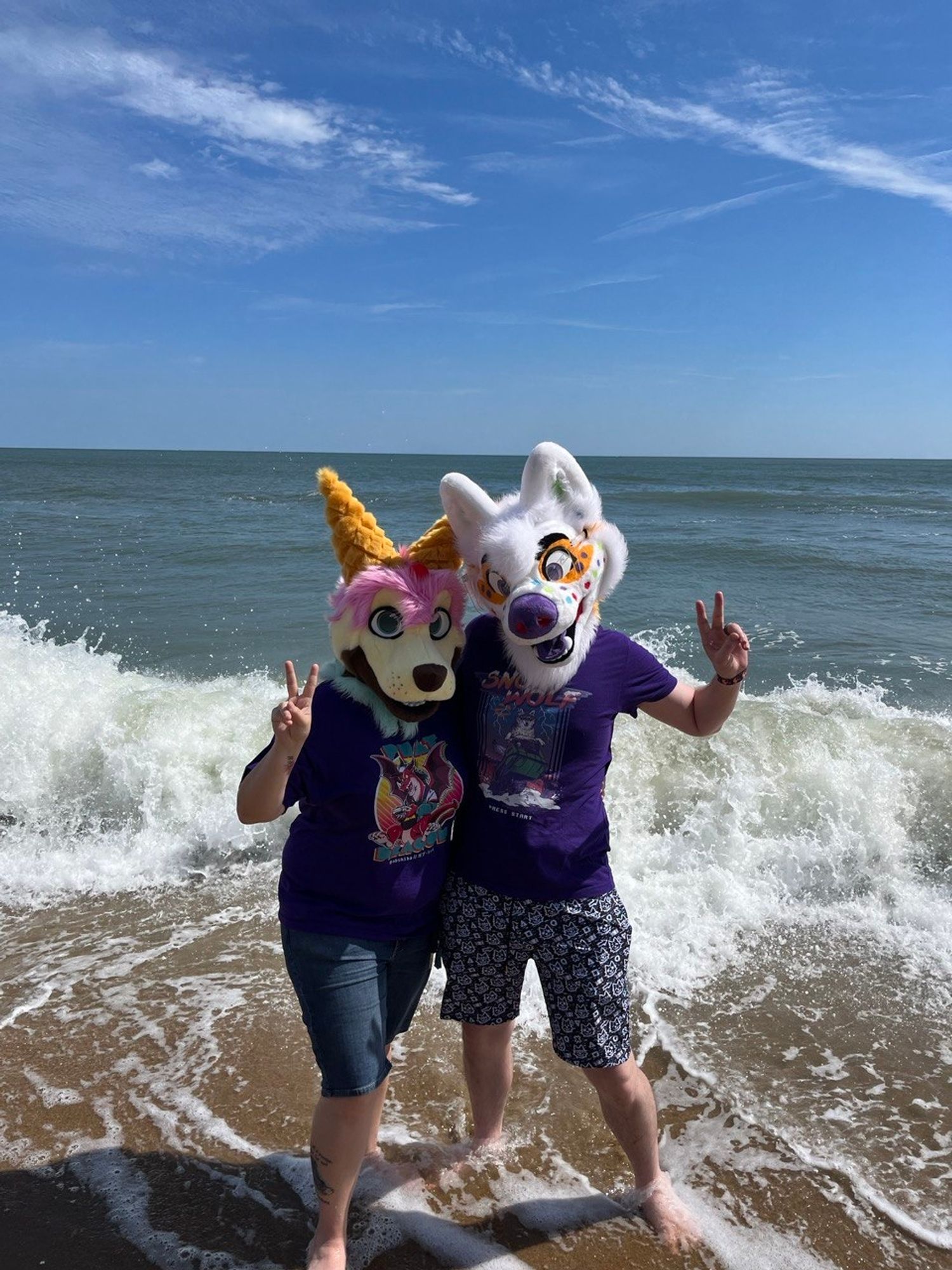 Fursuiters are posing for the camera with the ocean in the background.