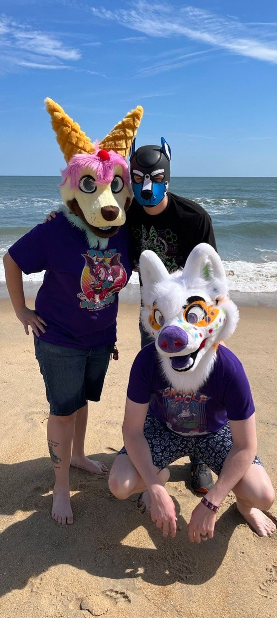 Fursuiters and a pup posing for the camera with the beach and ocean in the background.