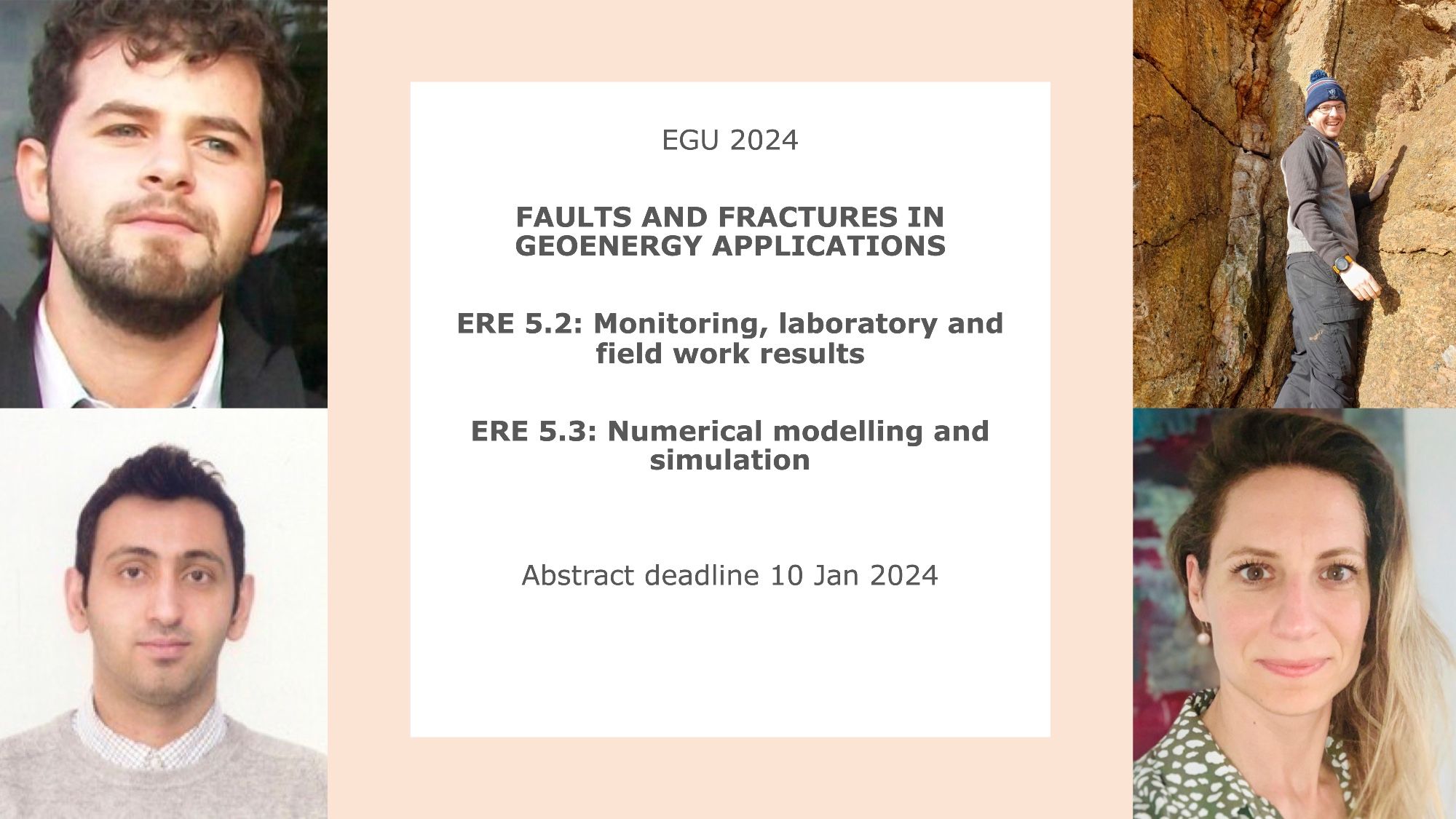 Card inviting Geoscientists to submit their abstract to our two sessions during the EGU24 meeting. On both sides of the card are the pictures of the sessions' conveners