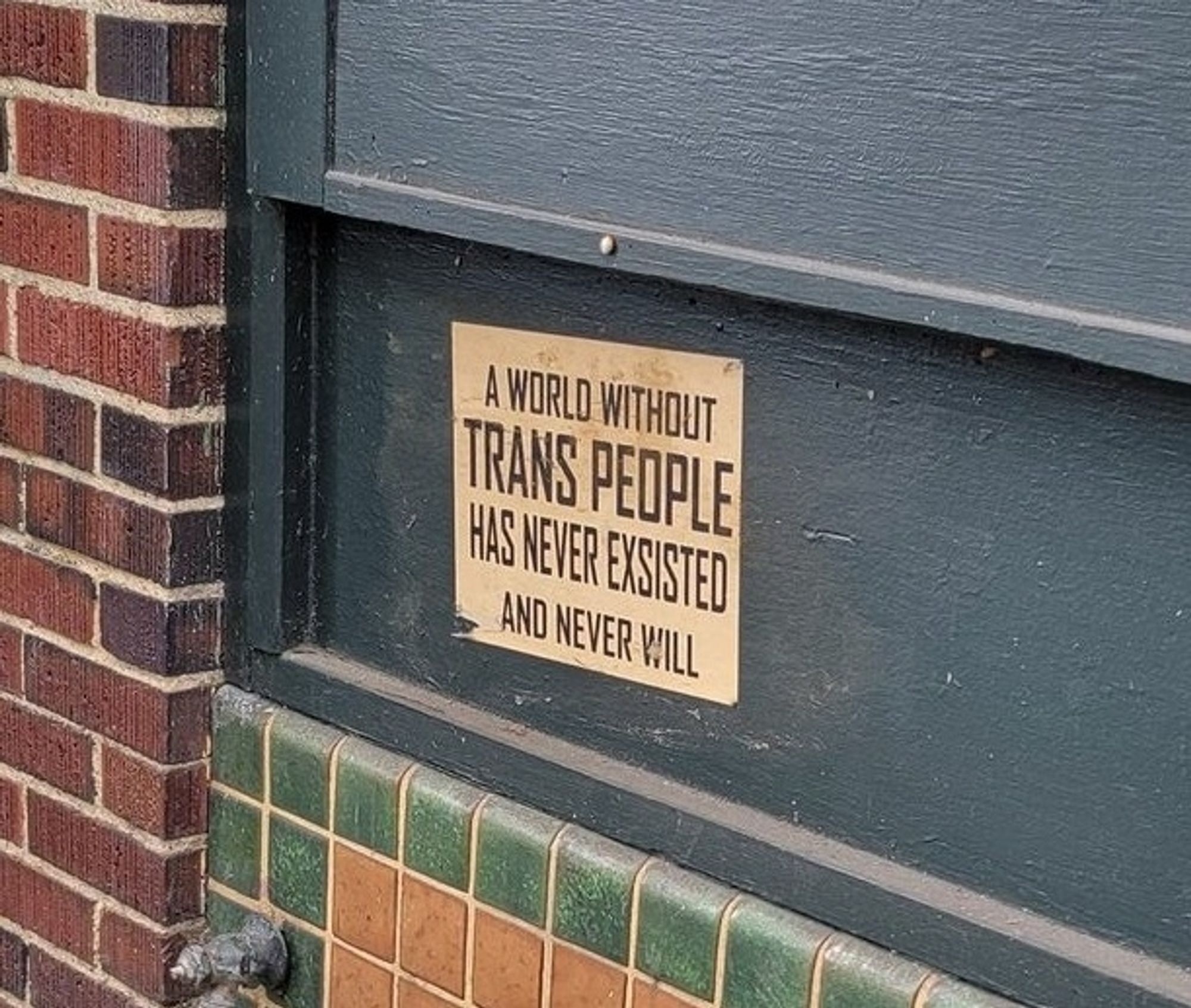 Poster on a wall that says "A world without trans people has never existed [sic] and never will"