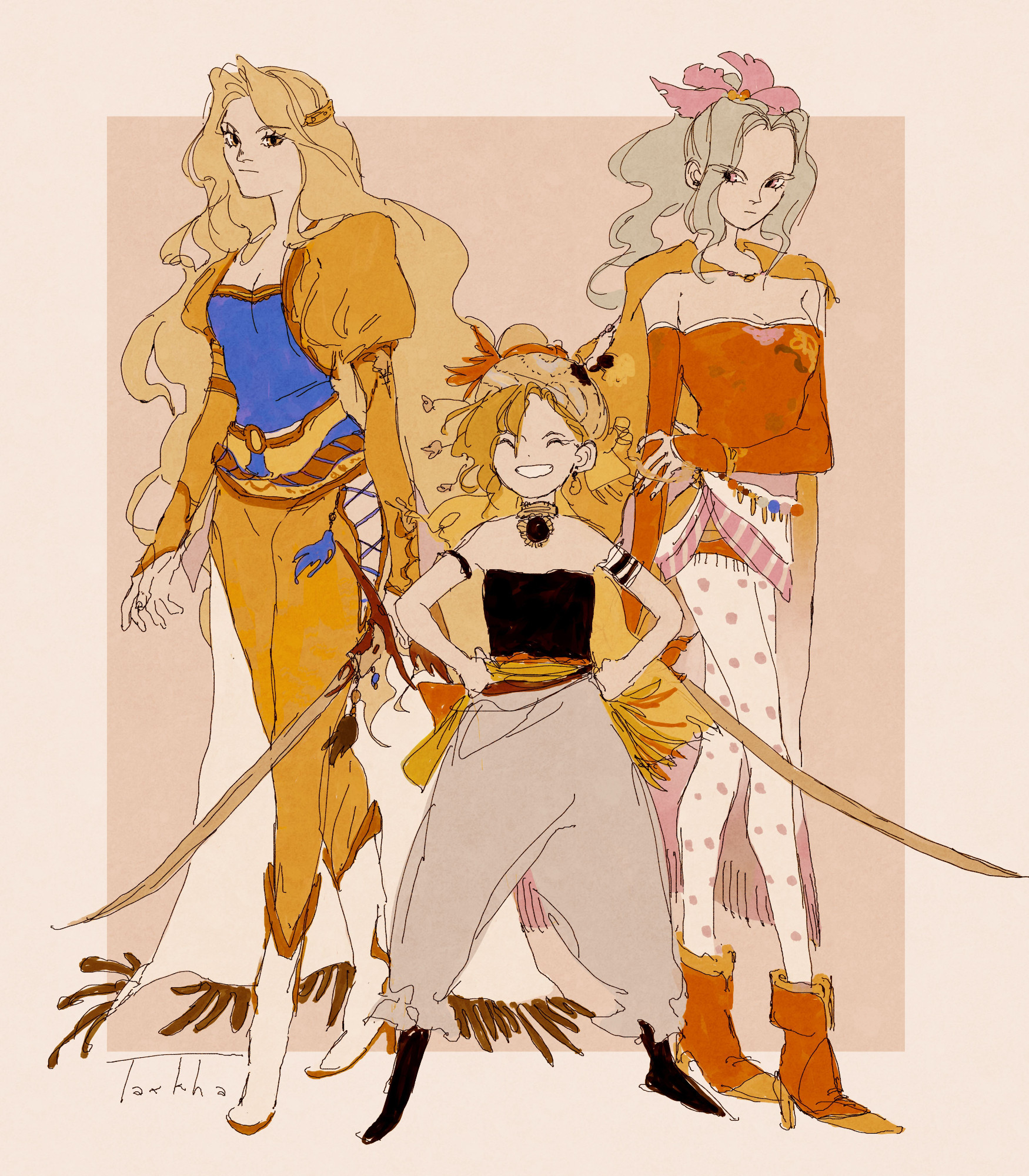 digital doodle of Celes, Relm and Terra from final fantasy 6, all drawn in fullbodies. Celes and Terra are both holding there swords, while standing next to each other, Relm is standing in front of them, grinning, with her hands on her hips.