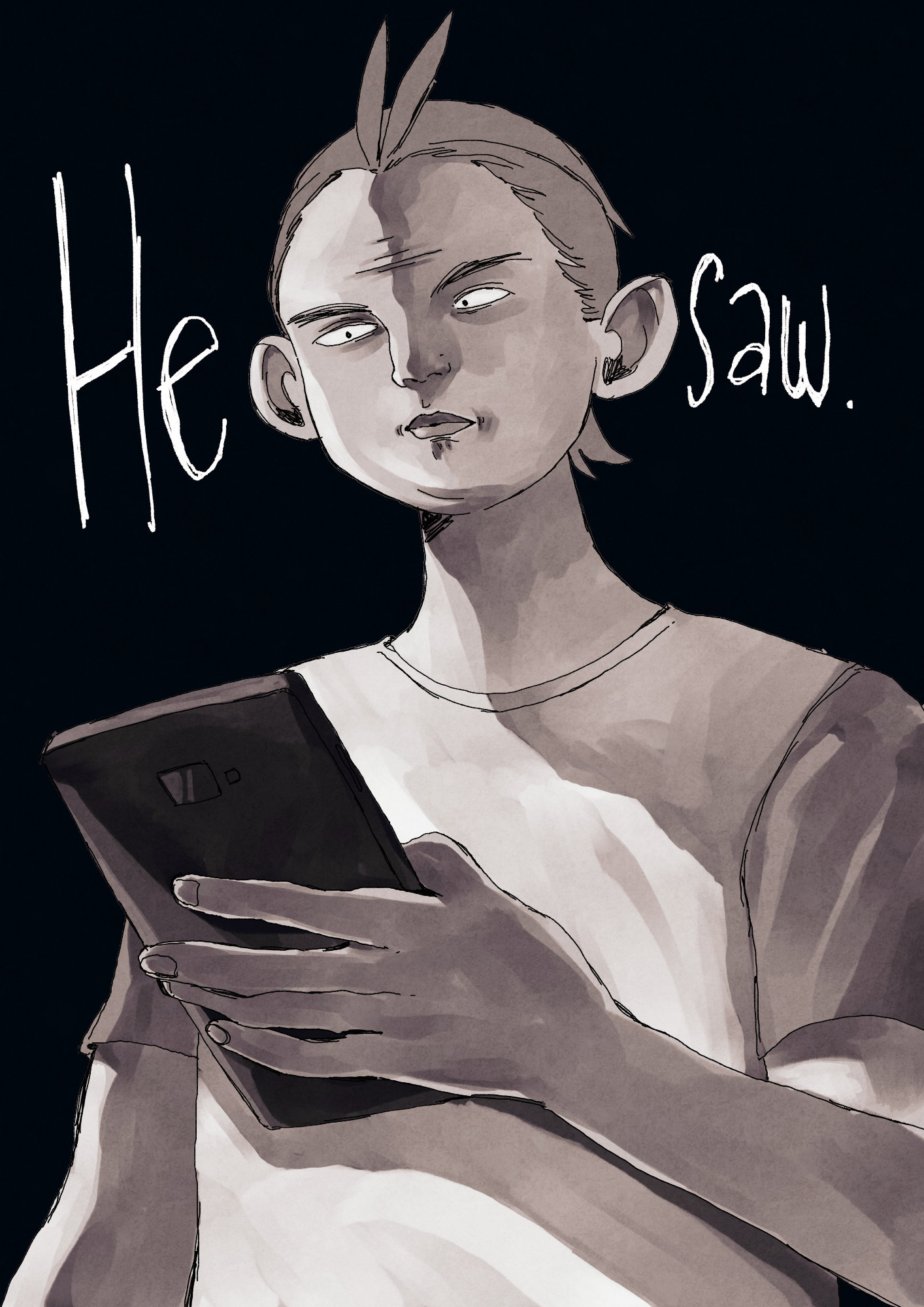 Page 4

The entire page is a single drawing of Apollo looking down on his phone but he is colored in a more realistic way to add comedic relief. The background is black and text next to him reads "He saw."