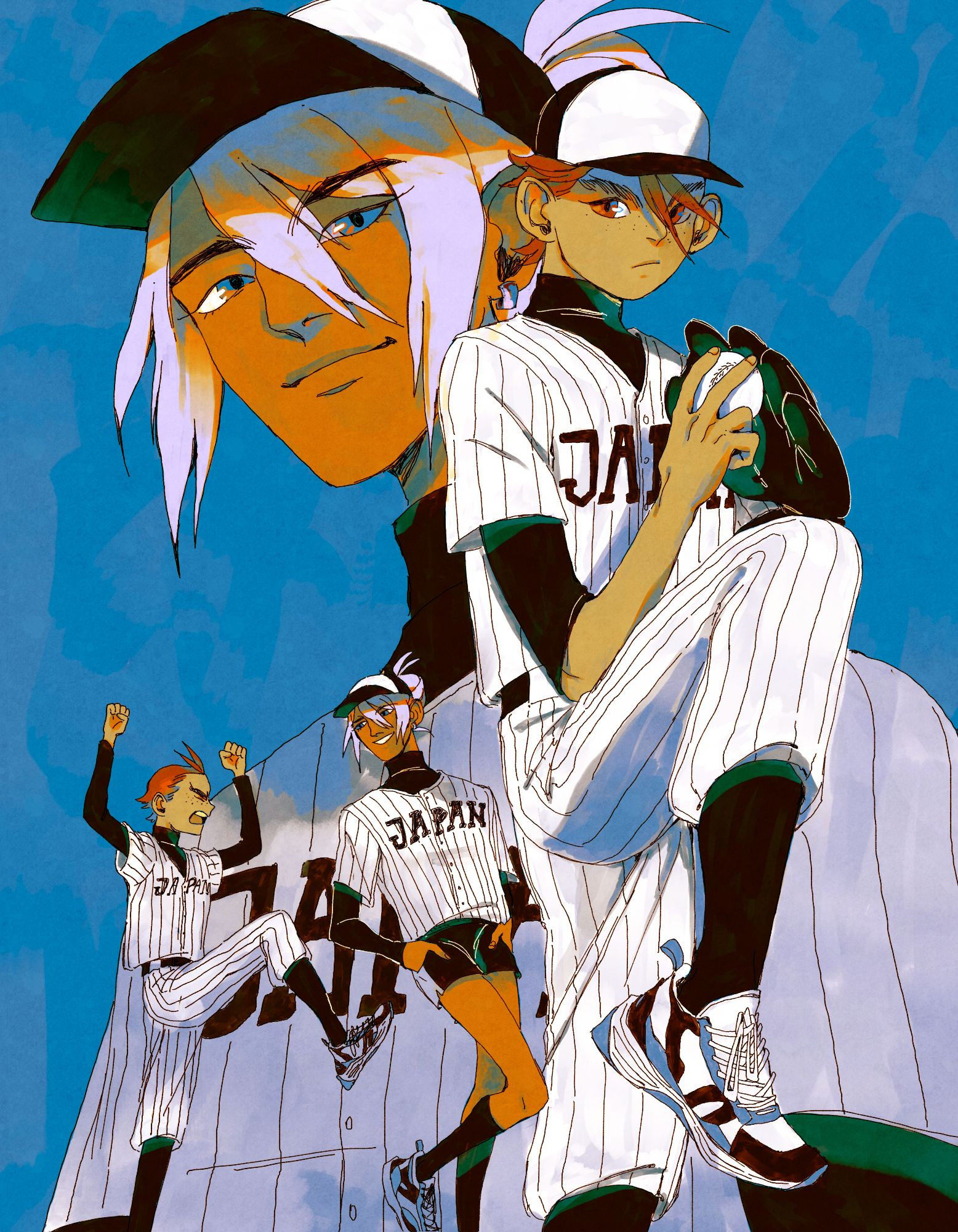 digital drawing of Apollo and Klavier from baseball au. On the right side is Apollo in his uniform, one leg raised as hes about to throw a ball. he is wearing a baseball glove. Behind him is Klavier, drawn much bigger. Apollo is frowning and Klavier is smiling. Both are wearing baseball caps and Klavier has his hair in a bun. On the bottom left they are drawn again in a scene together with an angry Apollo trying to kick Klavier in the ass who is moving out of the way with his hands in his pockets while smiling. The background is blue.