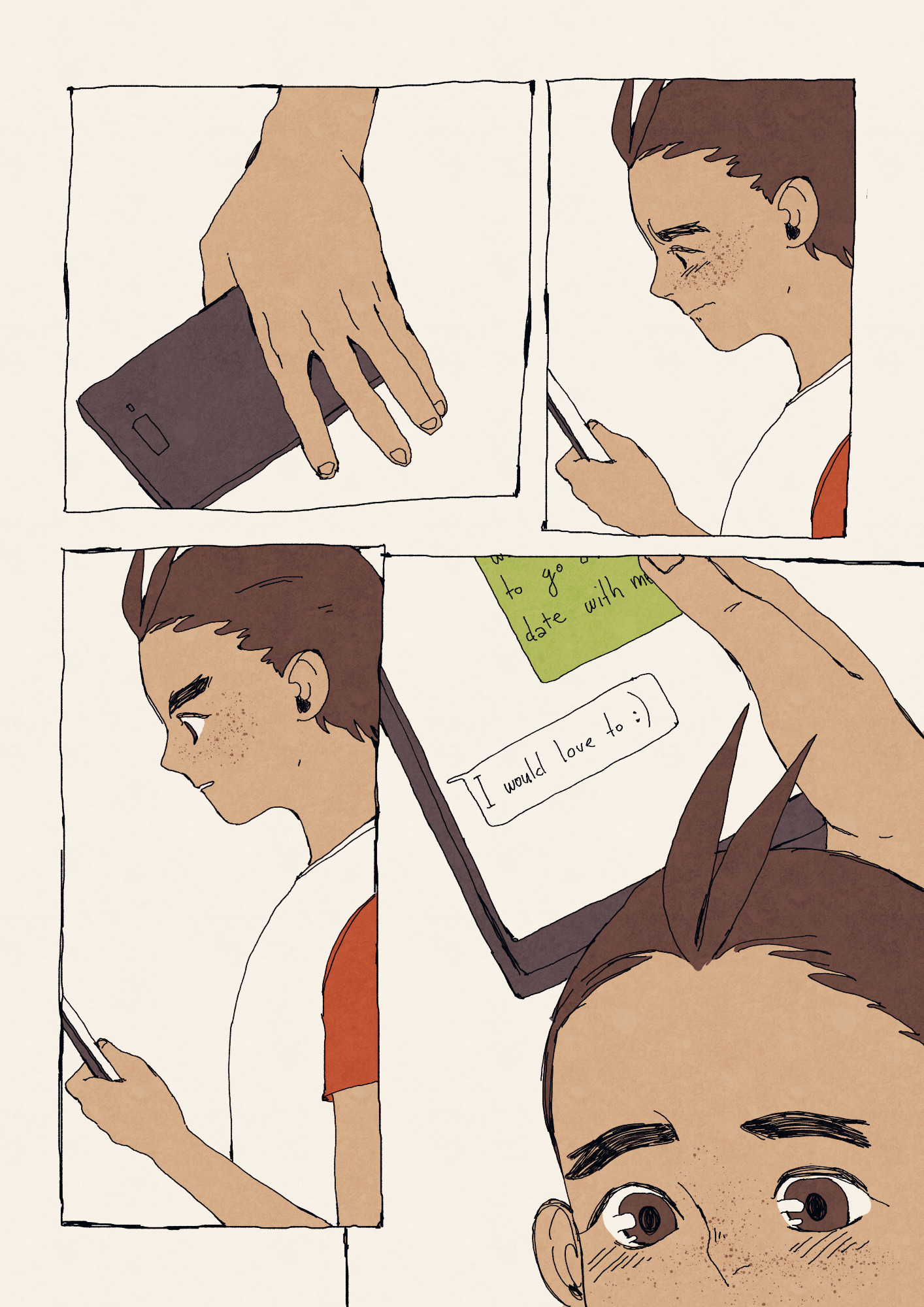 Page 7

Panel 1: He picks up his phone.

Panel 2: He looks at his phone again, looking sad.

Panel 3: He looks surprised.

Panel 4: Shows the message that Klavier send back which reads "I would love to :)"