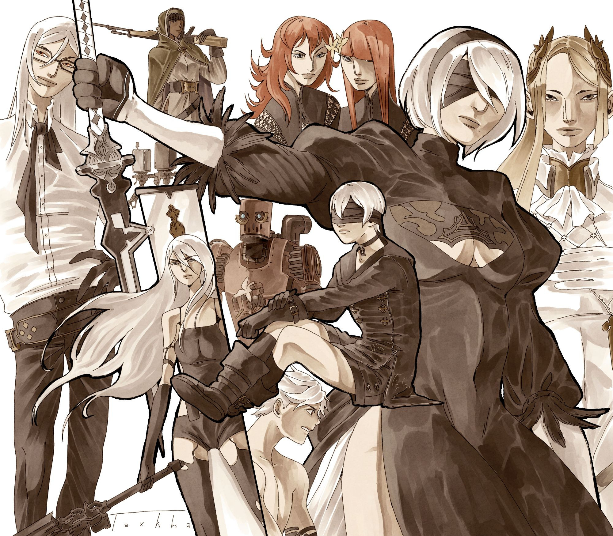 Group drawing of a bunch of Nier Automata drawing. Shown are 2B, 9S, A2, Adam, Eve, the commander, Devola and Popola, Anemone, Pascal and the pods of 2B and 9S.