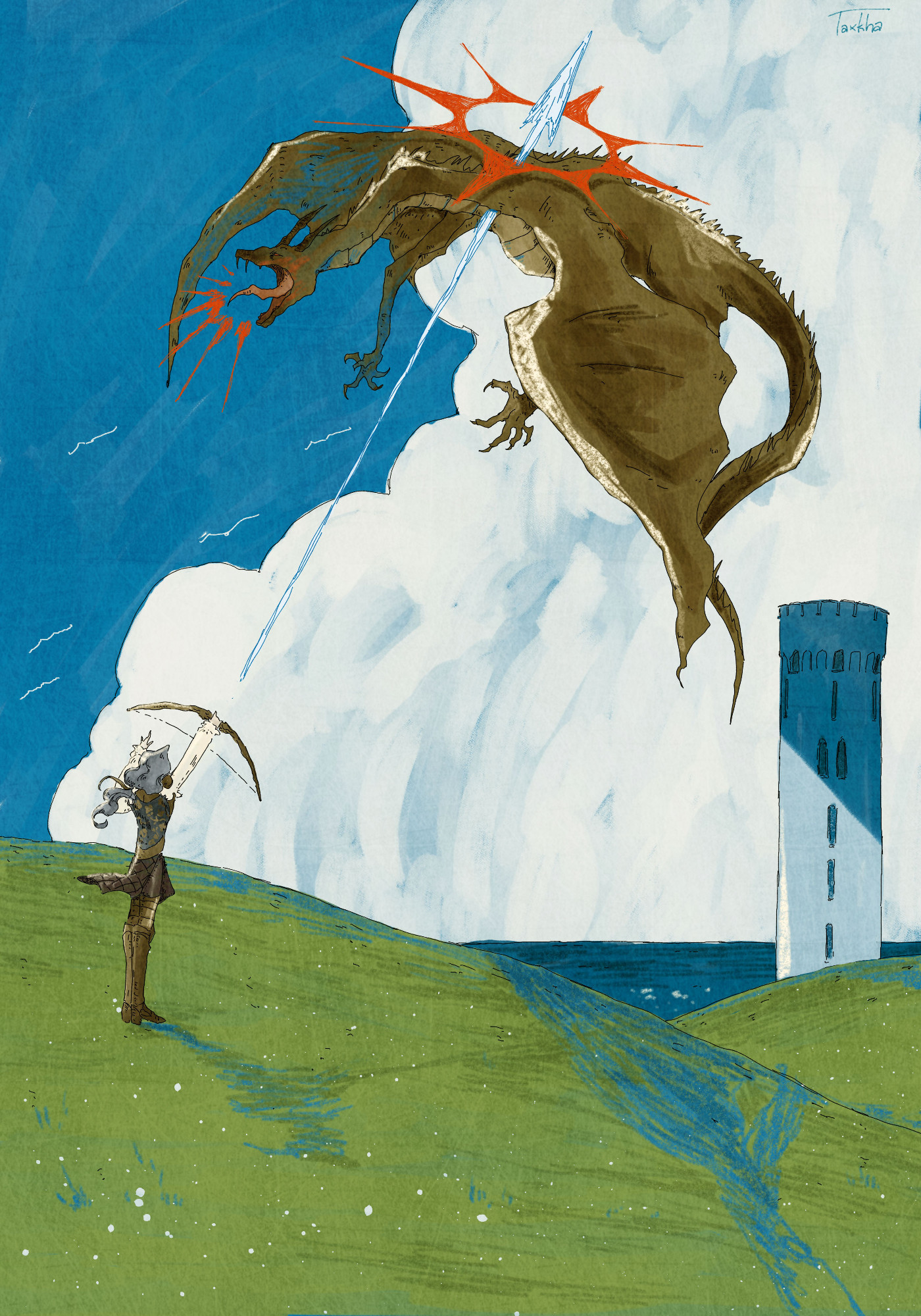 digital illustration of a man with long blue hair standing on a grassy hill. He is shooting an arrow into the air which is piercing through a brown golden dragon. In the background are the sea, the sky and a lonesome tower.