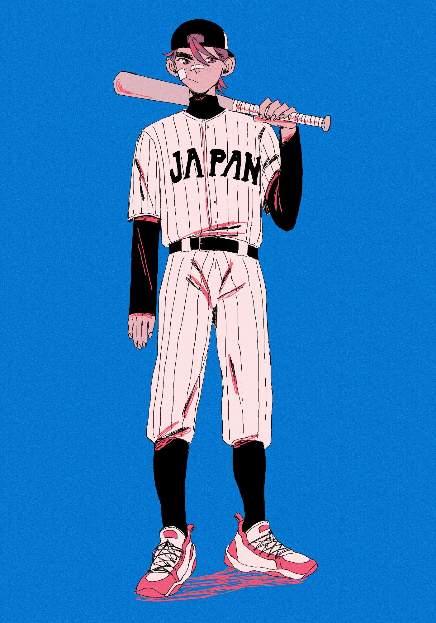 digital drawing of Apollo in a japanese baseball uniform. He is holding a baseball bat in his left hand that he has thrown over his shoulder. His hair horns are down and stick through the opening of his baseball cap.
He has a band aid over his nose and one on his cheek. The background is the same blue as on the Klavier drawing and the pink highlights are also here.