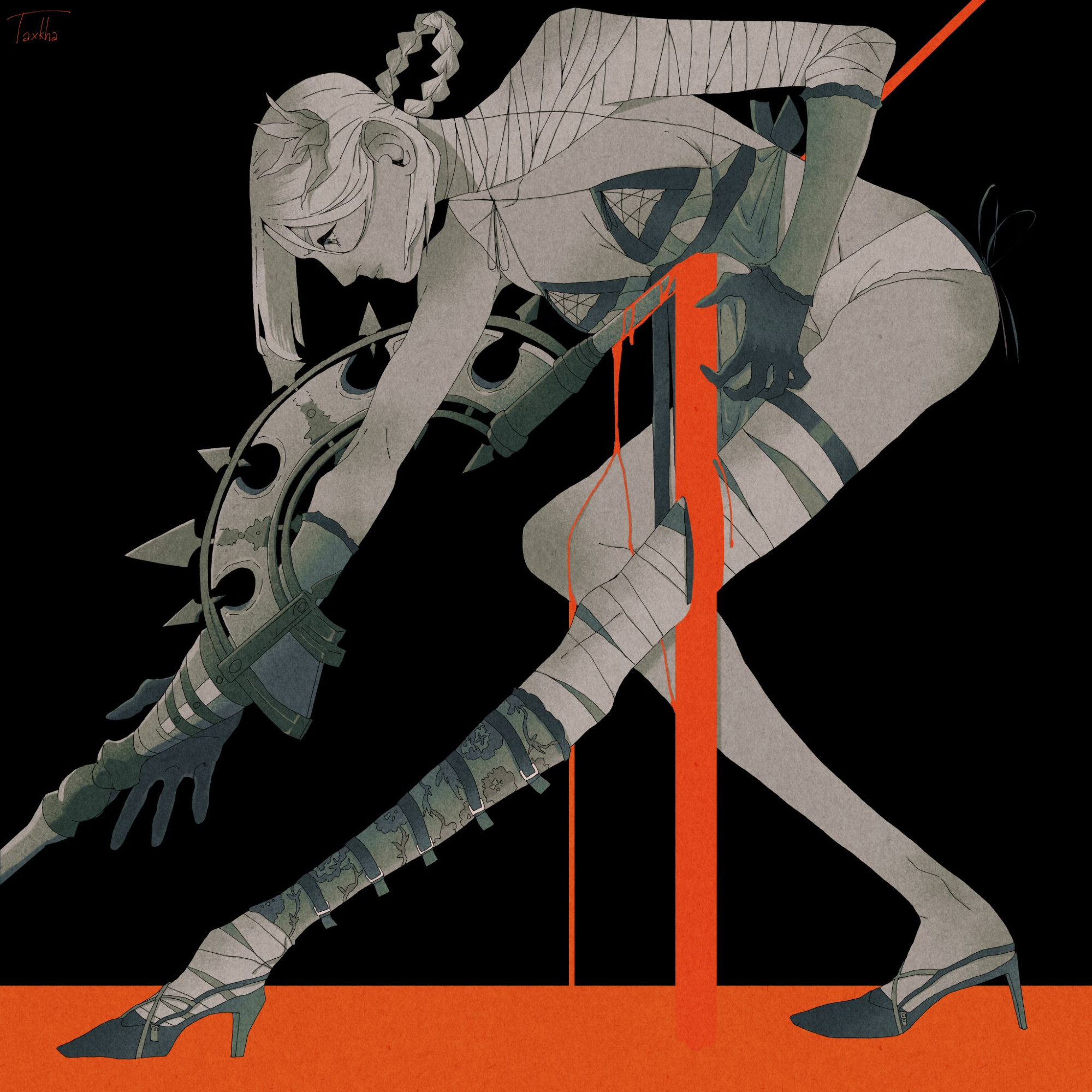 A digital illustration of Kainé from NieR Replicant.
She is standing, with her left leg stretched out and the right leg bend. Her upper body is bend over and she is impaled by the spear of one of the bosses from the game, which also happens in the game. 
Blood is streaming from the wound down to floor, covering the entire ground in blood.
The background is black.