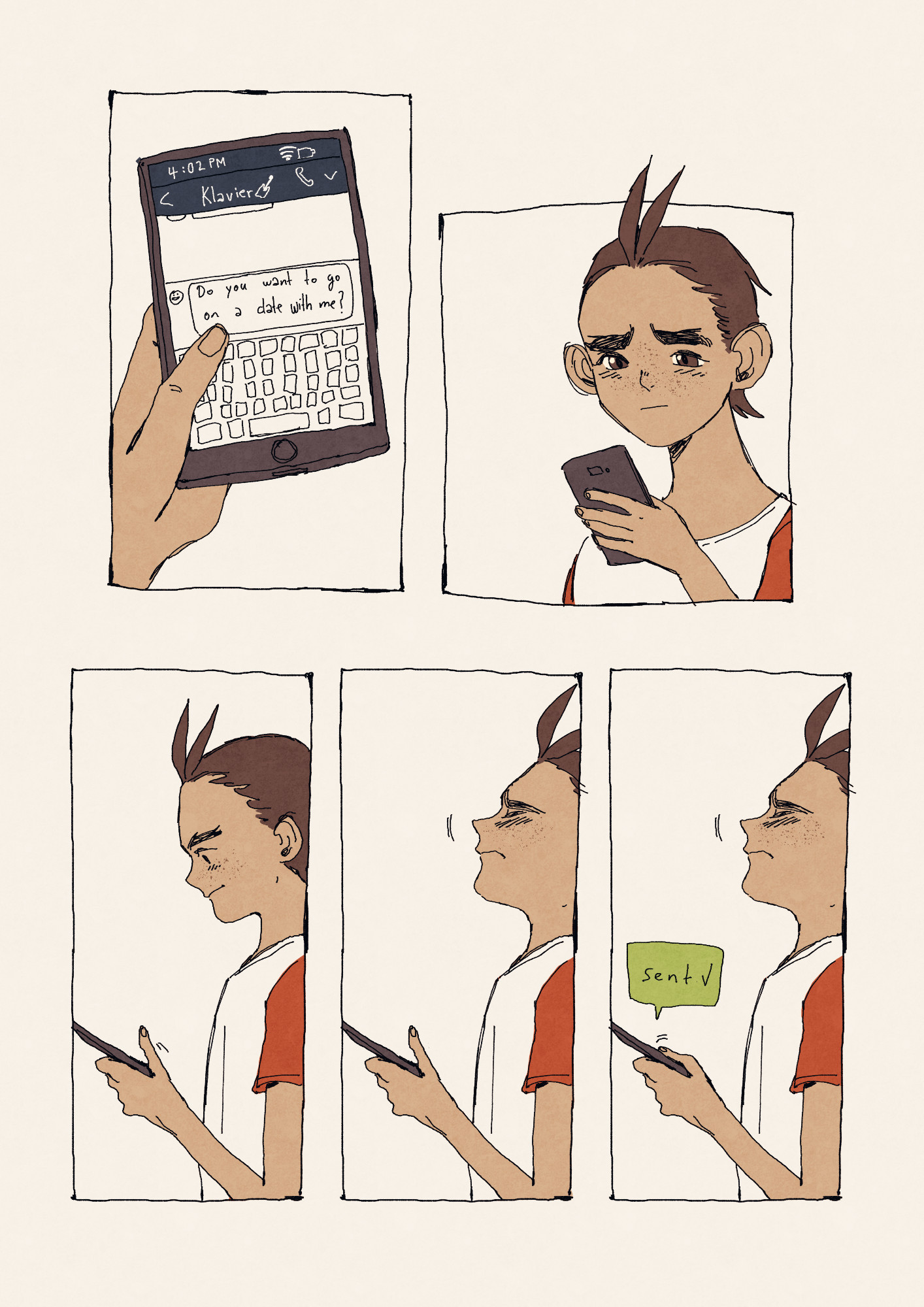 comic of Apollo and Klavier from Ace Attorney

Page 1

Panel 1: Shows a phone with a message typed but not yet sent that reads " Do you want to go on a date with me?"
The message is supposed to go to Klavier.

Panel 2: Apollo looking at a phone with a nervous and slightly sad expression on his face.

Panel 3: Apollo about to hit send.

Panel 4: Apollo still about to hit send, now with his eyes closed.

Panel 5: Apollo hit send.