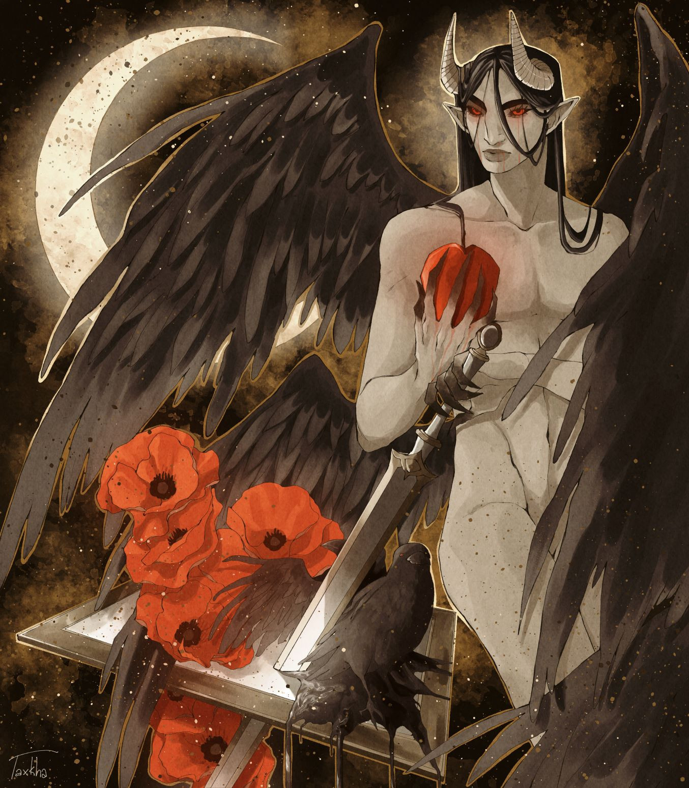 Image description
Digital illustration. On the right side is a demon with 4 black crow wings, greyish light skin, long black hair and light brown pointy horns. He is naked, but he covers part of his body with his wings. His eyees sclera is black, the irises are bright red.
His finger tips are also dark and end in claws. 
He is holding a red apple in his right hand, and a golden/silver sword in his left. The sword is going through a floating painting with a golden frame. On top and below the painting are red poppies. Behind the sword is a crow that is melting into dark paint and in front of the sword is another crow (they are both standing on the painting) but this one isnt melting.
The background is dark brown and golden with a crecent moon shining bright.