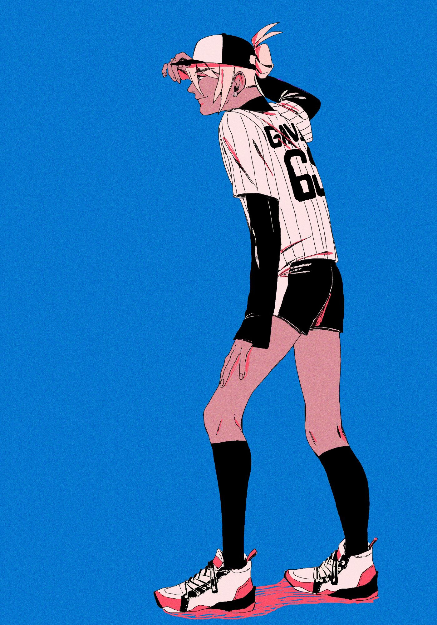 digital drawing of Klavier in a japanese baseball uniform, except hes wearing black booty shorts. He is bowing down a little so he has one hand on his leg so that he supports his body. The background is a bright blue and theres some pink highlights on him.