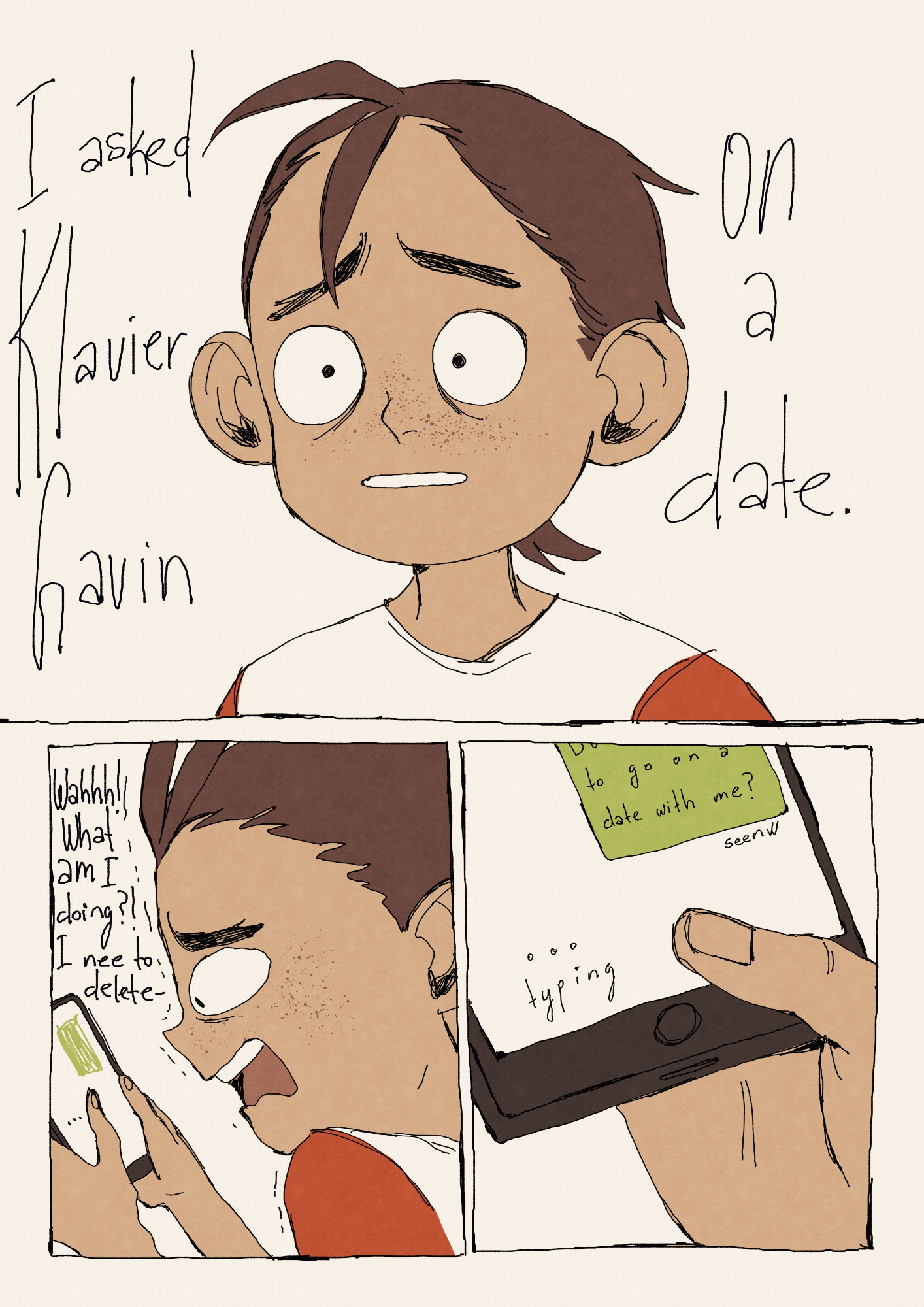 Page 3

Panel 1: Apollo looking absolutely mortified as he thinks "I asked Klavier Gavin on a date."

Panel 2: Apollo is now panicking while looking at the chat and saying "Wahhh! What am I doing?! I need to delete-"

Panel 3: Shows a close up of the phone and that Klavier saw the message and is now typing.