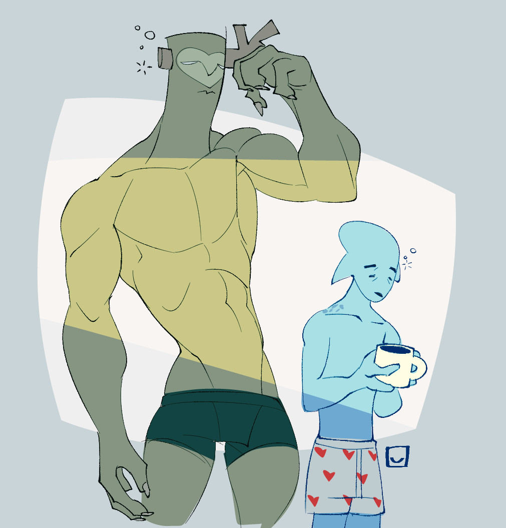 a doodle of prisoner owlk, with a muscular build, and hatchling alongside depicted waking up
both from the game outer wilds