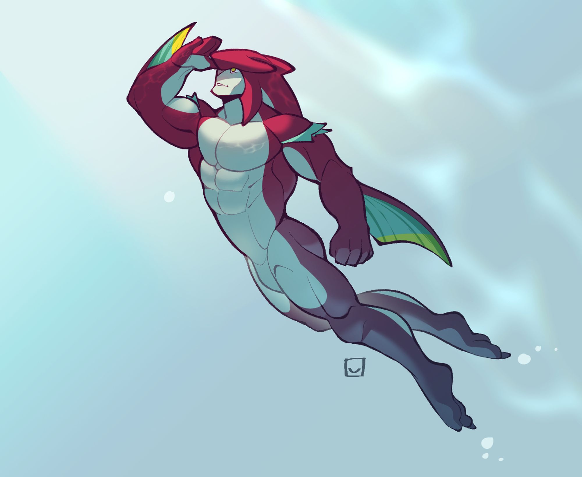 An art of Prince Sidon, a Zora character from the game Legend of Zela Breath of the Wild, looking at the surface under the water