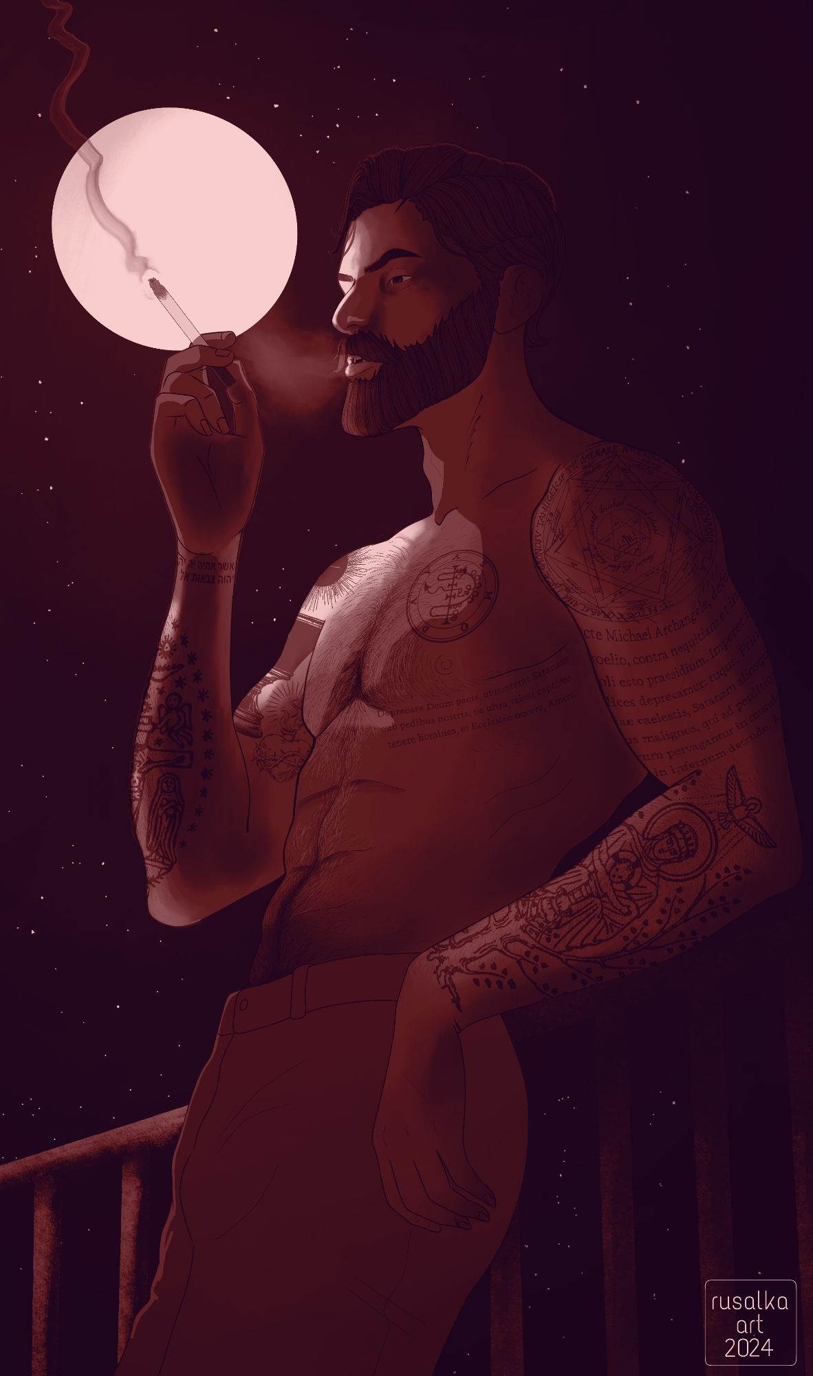 A monochrome half body shot of a shirtless vampire smoking a cigarette at night. He is covered in religious tattoos.