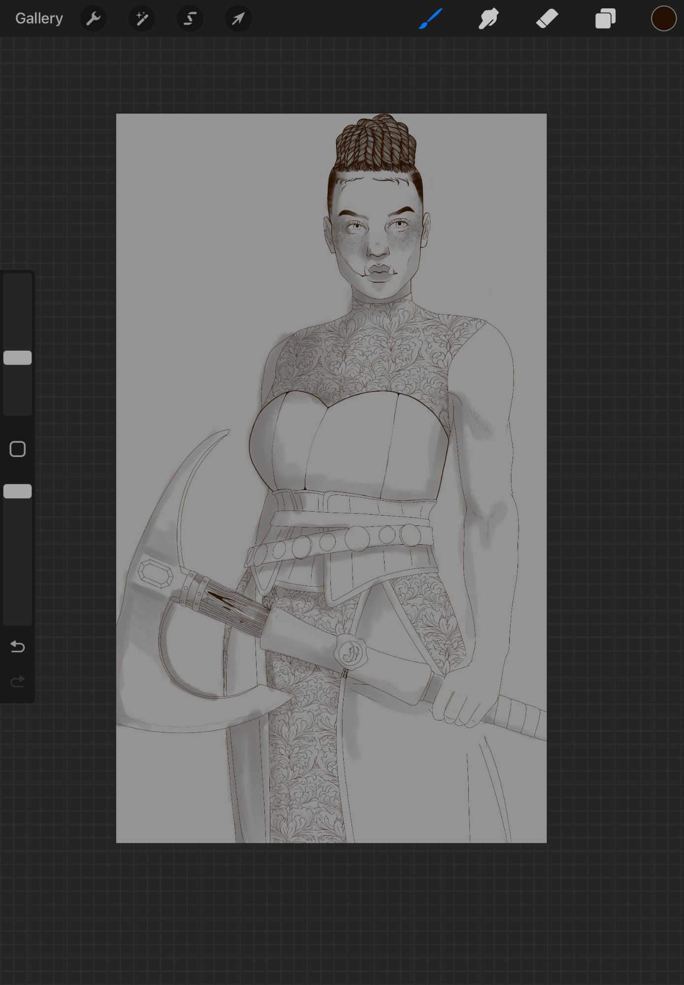 Roughly shaded lineart of a half orcish woman with dreadlocks holding a greataxe