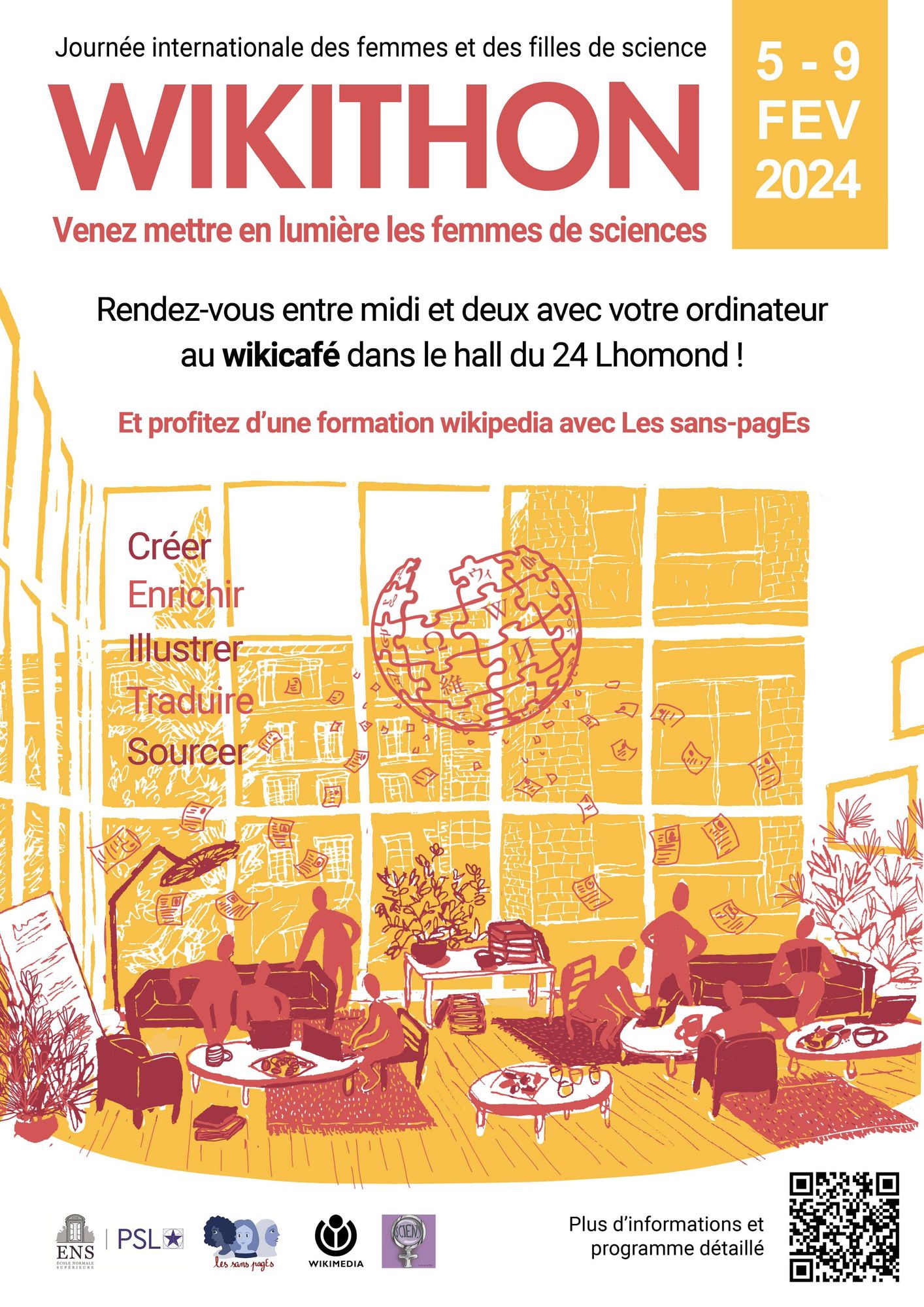 Journée internationale des femmes et des filles de science

Wikithon 5-9 février 2024

Venez mettre en lumière les femmes de sciences 

Rendez-vous entre midi et deux avec votre ordinateur au wikicafé dans le hall du 24 Lhomond
Et profitez d'une formation Wikipédia avec les sans pagEs 

Créer enrichir illustrer traduire sourcer