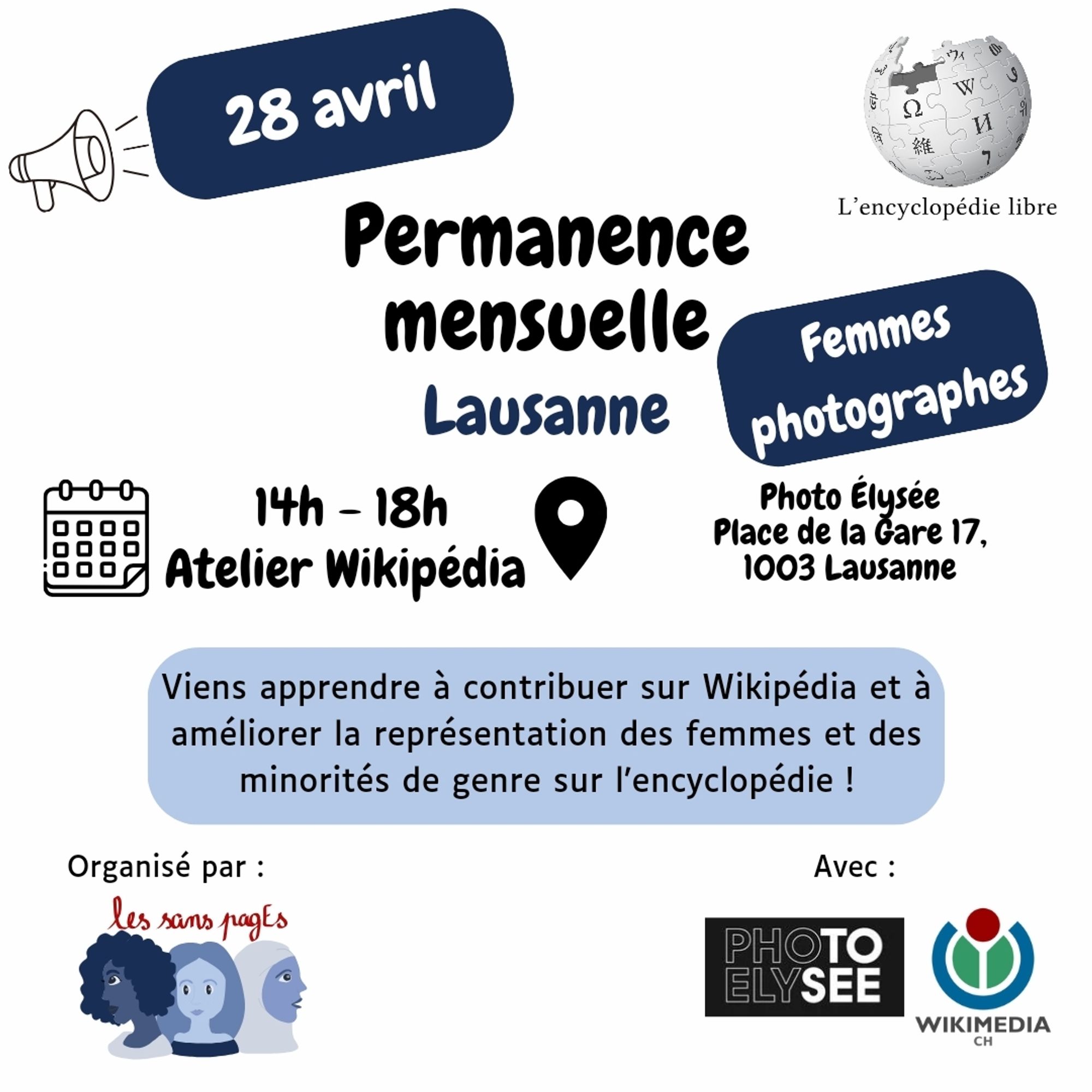 28 avril

Permanence mensuelle Lausanne Femmes photographes

14h-18h : Atelier Wikipédia 

Photo Élysée Place de la Gare 17 1003 Lausanne

Viens apprendre à contribuer sur Wikipédia et à améliorer la représentation des femmes et des minorités de genre sur l'encyclopédie !

Organisé par les sans pagEs Avec Photo Élysée et Wikimedia Ch