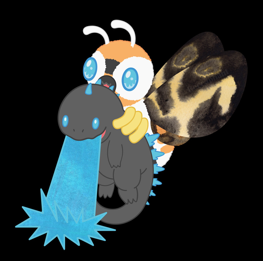 Mixed media fanart of a chibi Godzilla and Mothra.