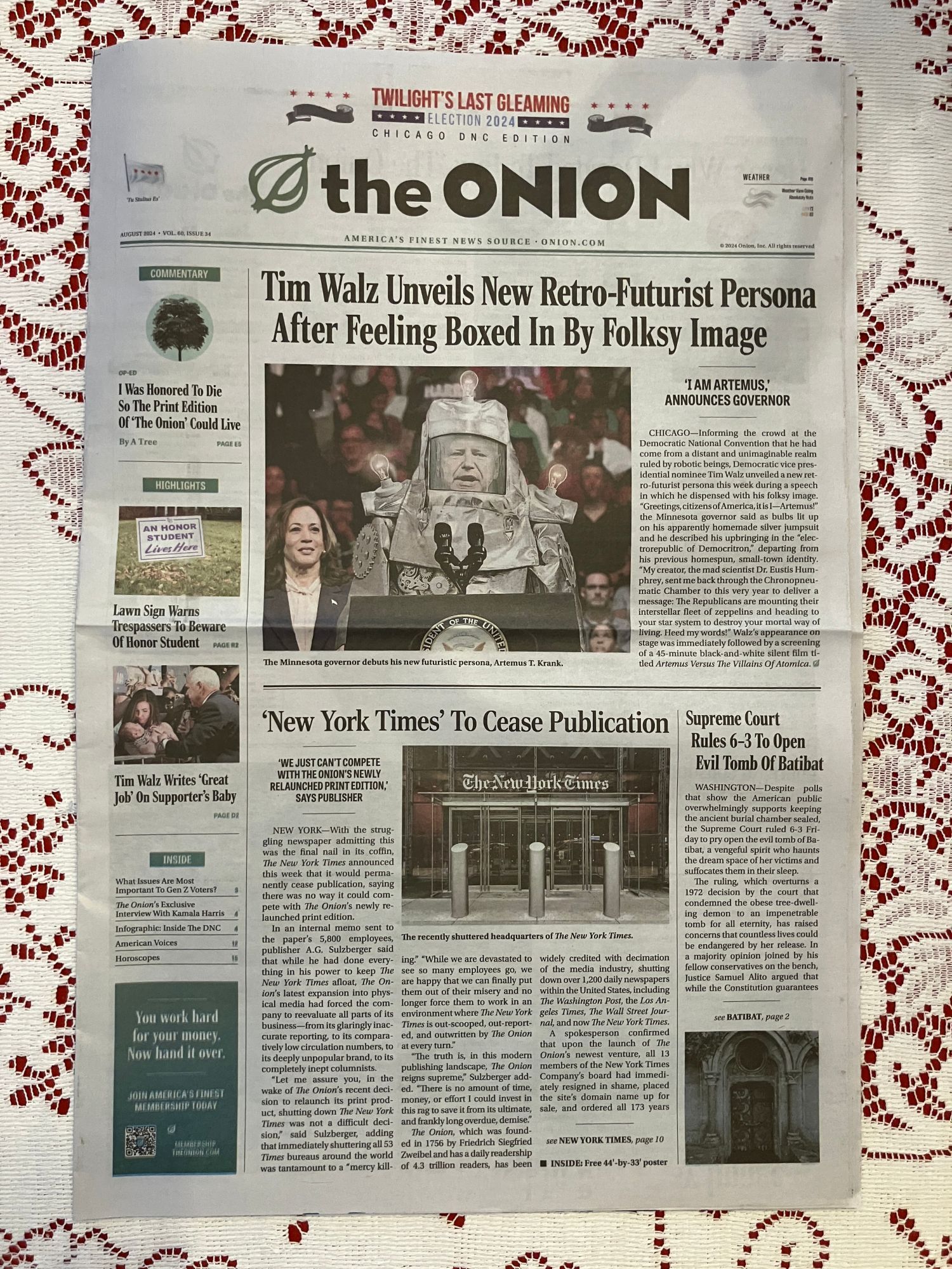 A photo of the front page of the print edition of The Onion, August 2024, volume 60, issue 34.