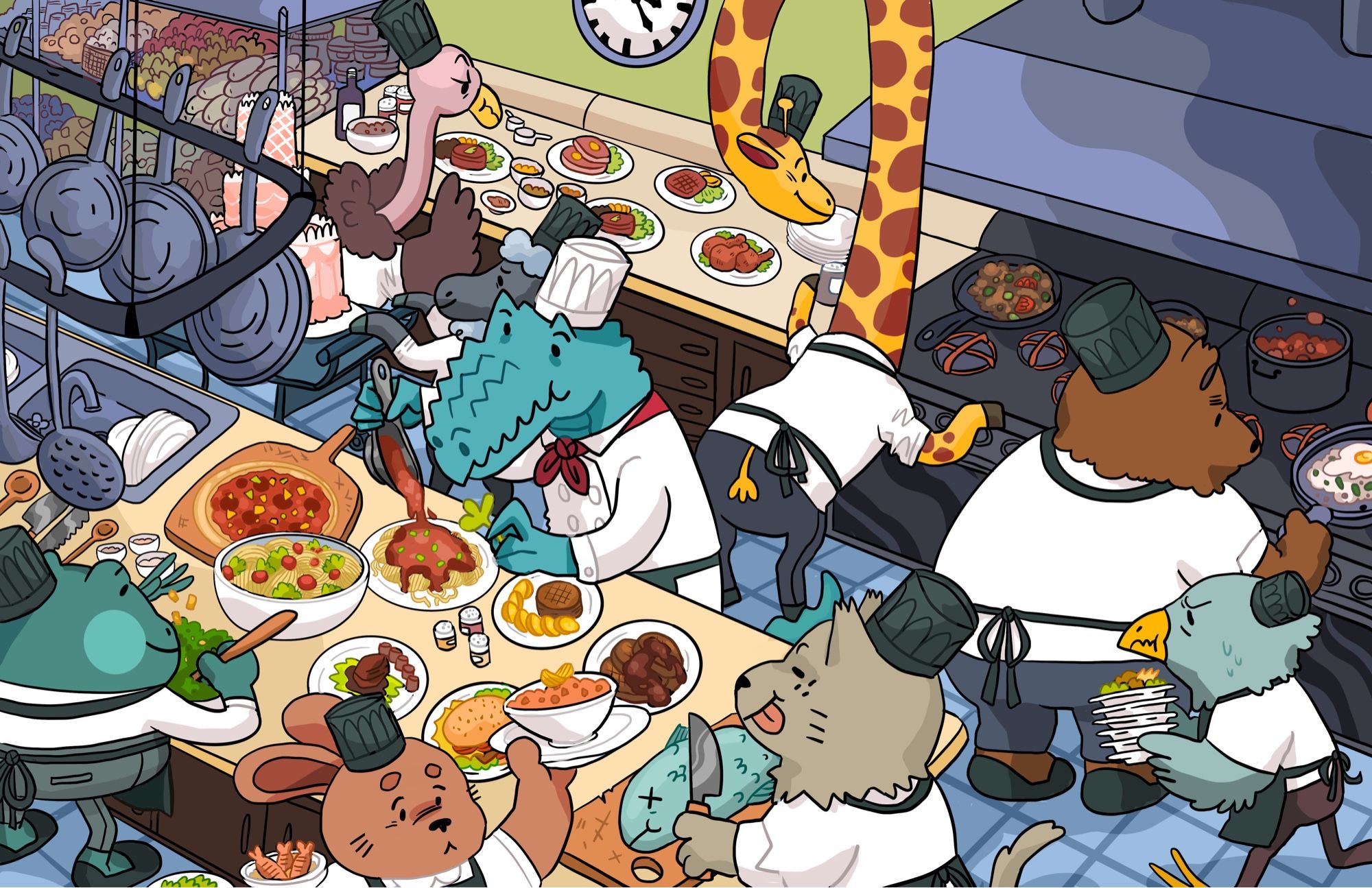 A digital illustration of a restaurant kitchen run by animals, crowded but running smoothly