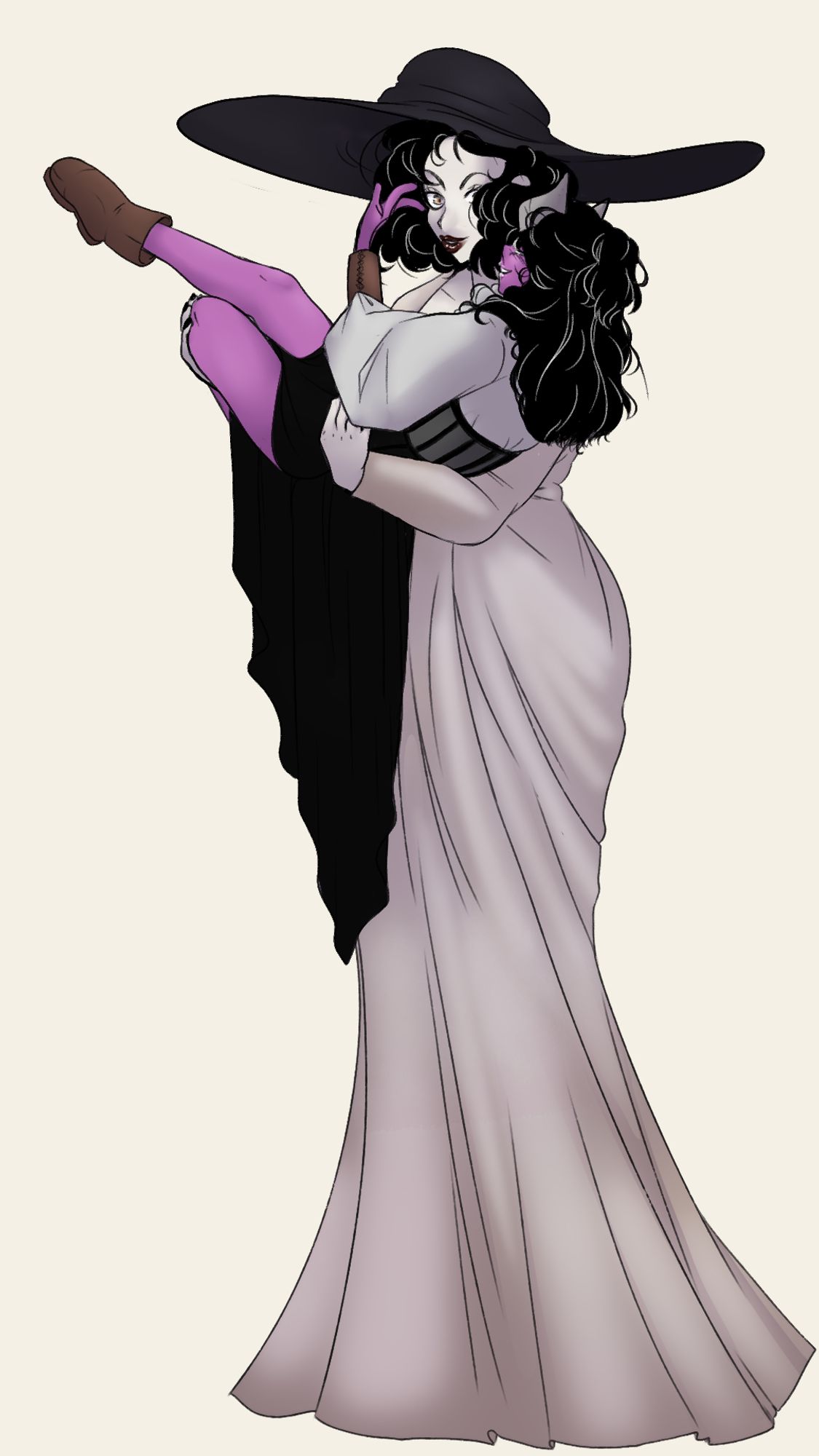 Lady Dimitrescu from Resident Evil Village holding Tiefling-like woman with purple skin tone and gray horns bridal style.