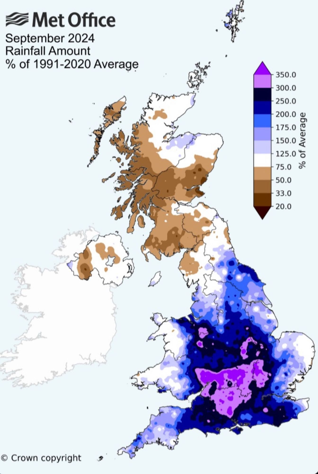 A colour coded map of UK showing central England with extraordinary high rainfall in purple and western Scotland very dry in brown