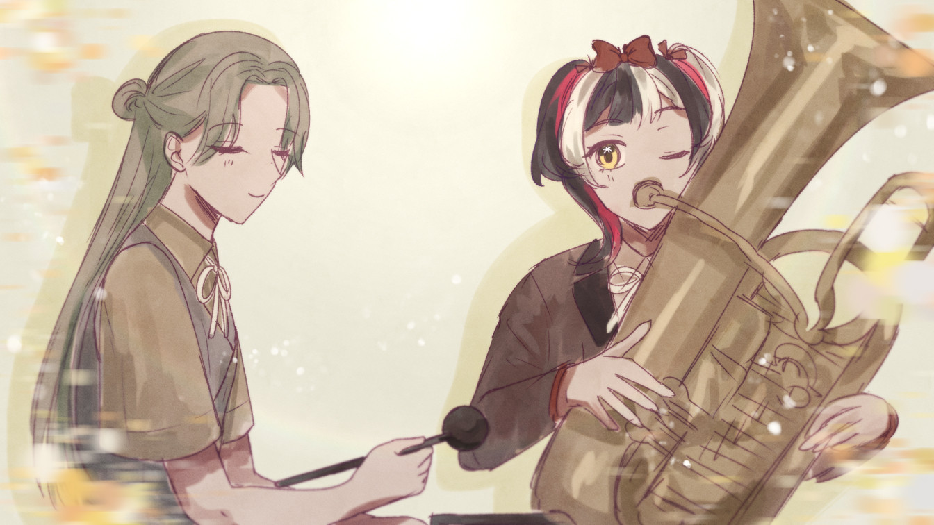 two girls playing instrumental (Tuba on the right and Percussion on the left)
Original Character from srk_commu