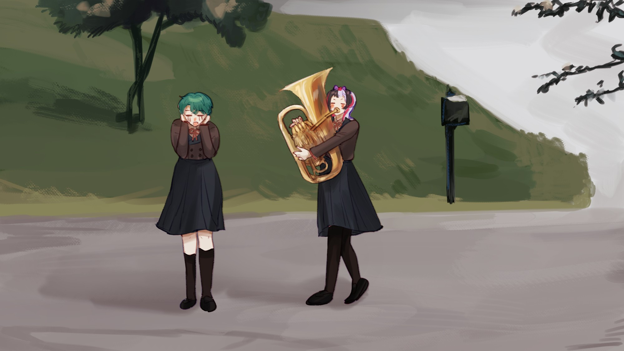 Trumpet guy meme but Tubaist girl disturb her roommate