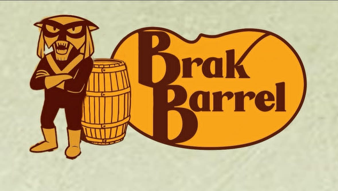 Classic Cracker Barrel logo but it's Brak from Space Ghost and Brak Barrel