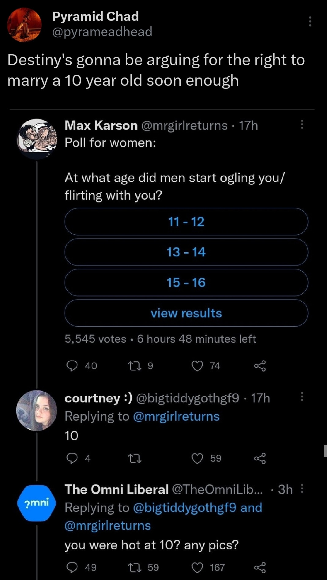 Screenshot of my tweet from July 2022 of screenshot of Destiny replying to a girl asking her if she was hot at 10. 