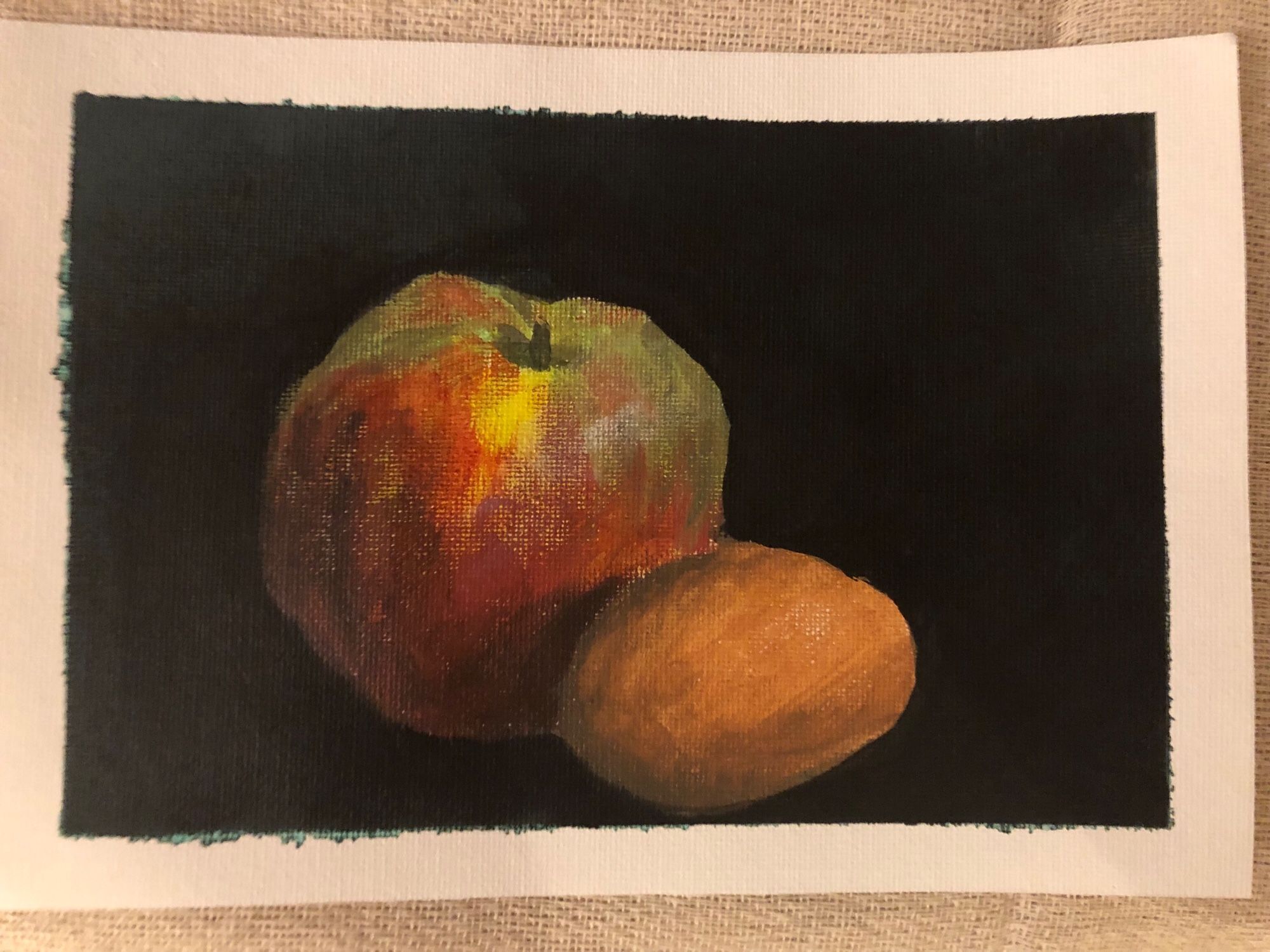 Acrylic painting of an apple and an egg still life