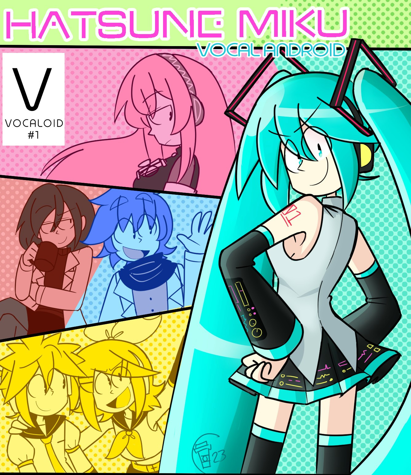 A cartoon drawing of several Vocaloid characters in the style of a comic book cover. The drawing shows Hatsune Miku at the front wearing a determined expression as she looks over her shoulder towards the viewer. Behind her are three sections featuring Kagamine Rin and Len, MEIKO and KAITO, and Megurine Luka respectively. They are rendered only in their signature colors. At the top of the drawing is text that reads, "Hatsune Miku: Vocal Android".